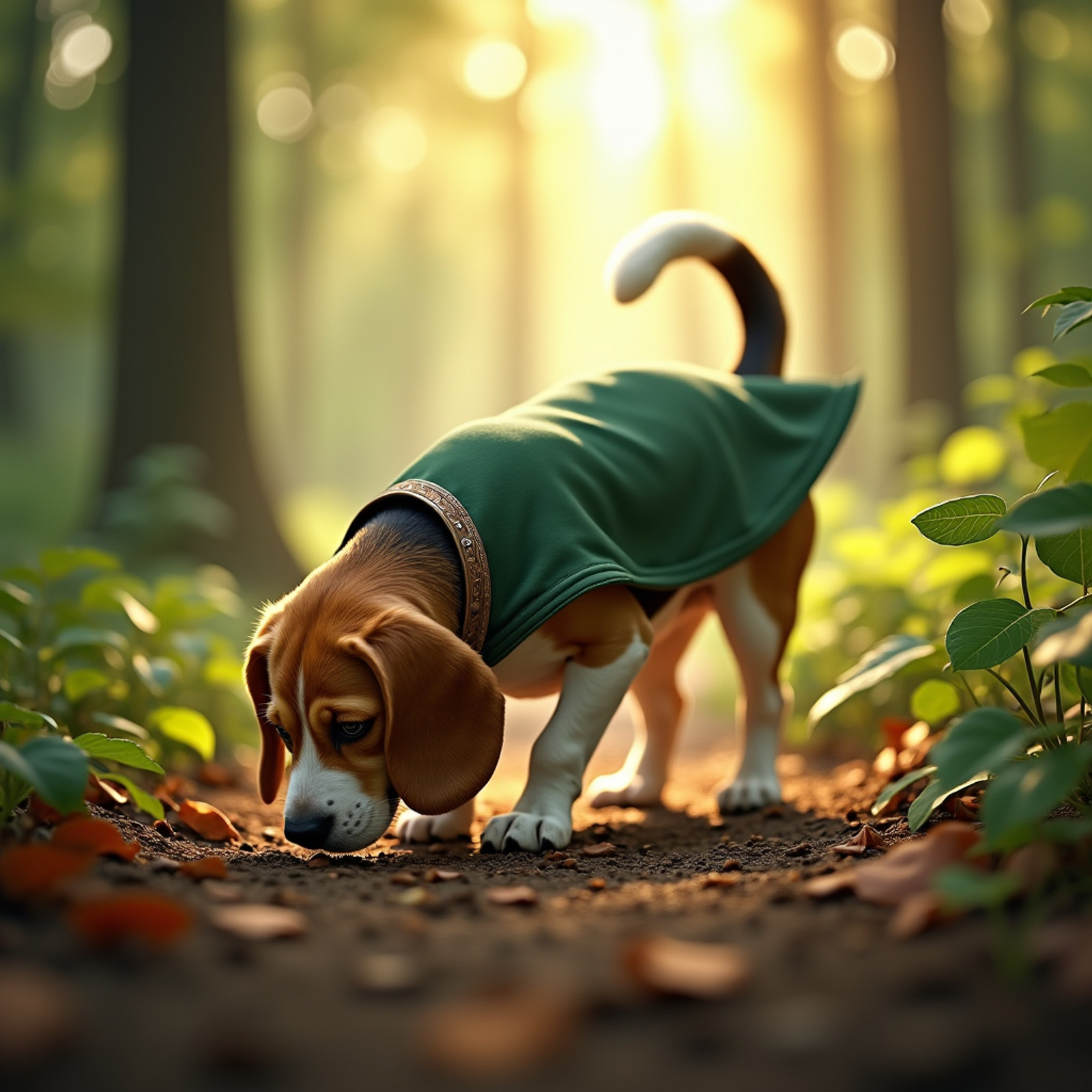 A hyperrealistic photo of a Beagle sniffing the dirt on a beautiful woods. The light enters between the leaves. The beagle is wearing a cape like link from the videogame Zelda