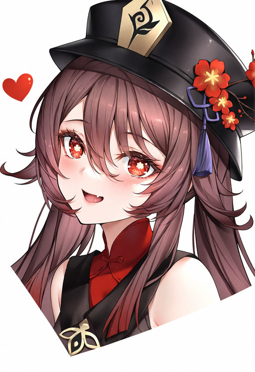 1girl, hu tao \(genshin impact\), genshin impact, 
hat, brown hair, solo, red eyes, symbol-shaped pupils, flower, white background, heart, long hair, looking at viewer, portrait, fang, open mouth, flower-shaped pupils, hair between eyes, simple background, black hat, twintails, blush, hat flower, tassel, red flower, bare shoulders, chinese clothes, smile,
masterpiece, best quality, newest, absurdres, highres
 <lora:melailai2_noobv1.0-000197:0.8>