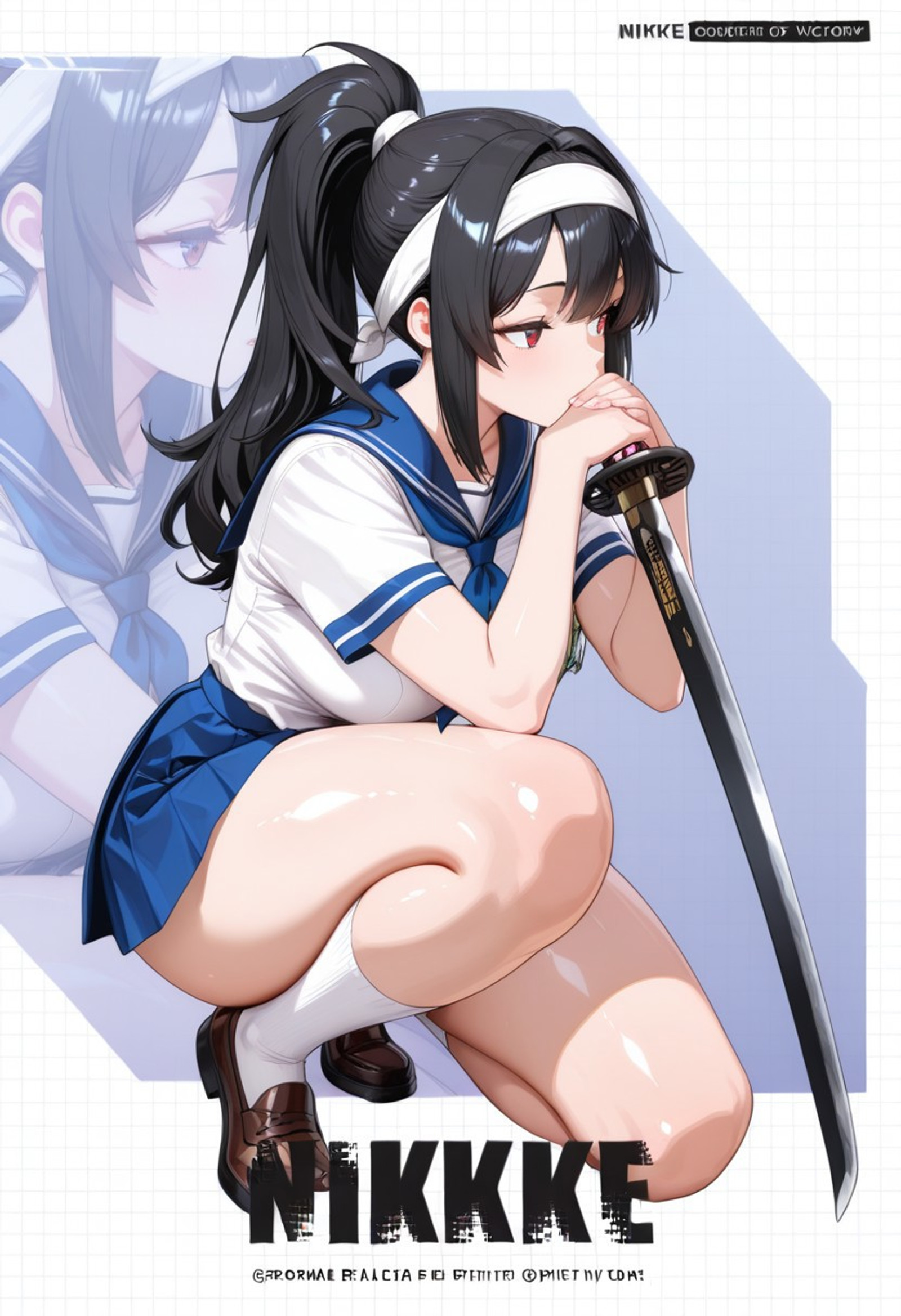 masterpiece, best quality, highres, 8k, newest, absurdres, highres, shiny skin, TRexStyle, 
NikkeProfile, full body, checkered background, zoom layer, copyright name, character name, english text, logo, looking to the side, NSFW, 
white background, 1girl, ponytail, black hair, white hairband, school uniform, holding weapon, holding big katana, elbow rest, on one knee, seductive, sexually atractive,