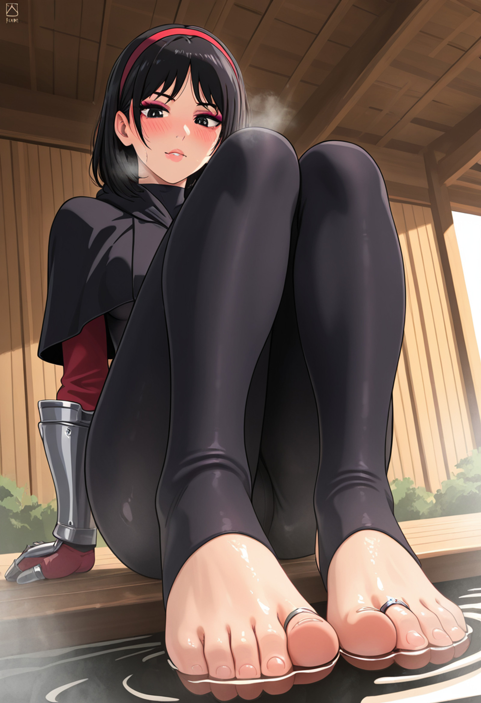 
epicnewartistill,
masterpiece, best quality, newest, absurdres, highres,  
undershirt, black bodysuit, gauntlets, eyeshadow, red gloves, two sides up, black capelet, red hairband, medium hair, black eyes, 1girl, solo, toeless legwear, foreshortening, from below, looking down at viewer, sitting, female focus, lipgloss, water, onsen, knees up, visible breath, smell, steam, 5 toes, toe ring, female focus, dynamic angle, heavy breathing, lip gloss, blush, arm support  