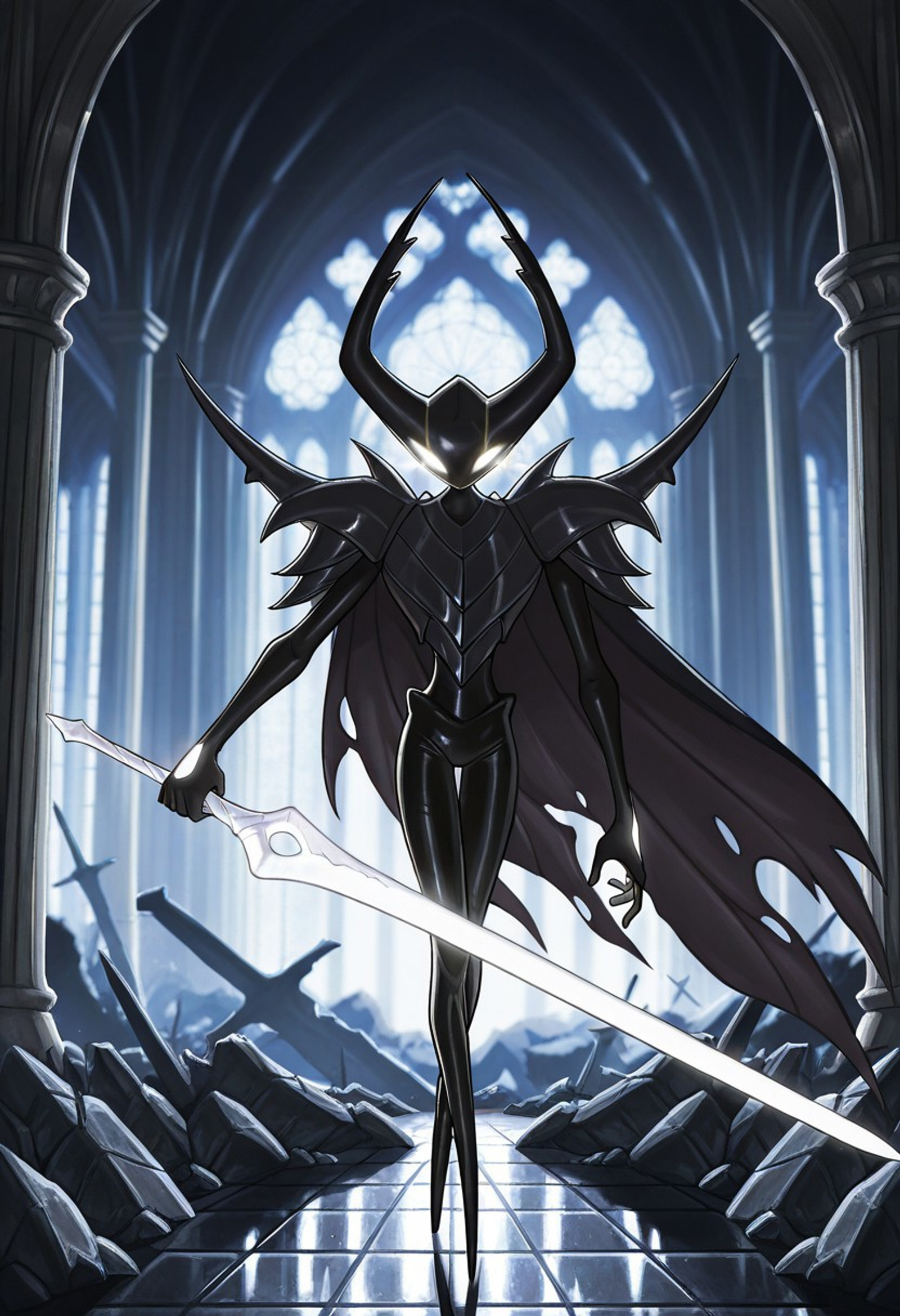 masterpiece, best quality, amazing quality, cartoon, retro artstyle, 1990s \(style\), 1boy, solo, Pure Vessel, HK,mature, white hollow knight mask, dark body, glowing eyes, green eyes, smoky eyes, (no mouth), kn1ghtd3lta, shadow creature, black bodysuit, spiked shoulders, armor, dark cape, torn cape, holes in hands, pointed legs, standing, sword stance, glowing weapon, greatsword, holding sword, looking at viewer, glaring, dark cathedral, ruins, cowboy shot, full body, closeup,