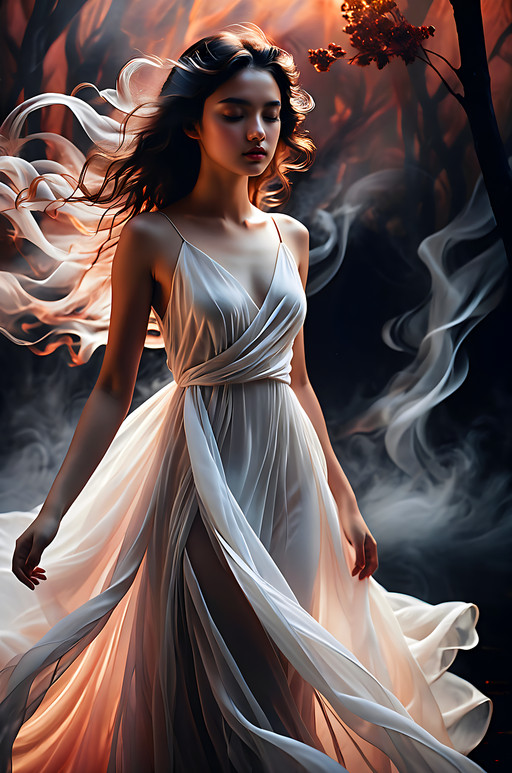 a beautiful young woman with a serious expression and her eyes closed, tilting her head upwards as if in a deep trance-like state, wearing an ethereal white dress flowing gracefully in the wind, her hair styled in loose waves cascades down her back like golden river water, the dark background features mysterious silhouettes of trees against a twilight sky, adding to the dreamy atmosphere, a soft rimlight source creates high contrast shadows and highlights on her skin and the dress fabric, emphasizing the dramatic yet ethereal mood, gentle wisps of smoke swirl around her body like living tendrils or ribbons, creating movement and depth in the scene, surrealist art style, capturing a sense of dreamlike mystery with symbolic elements and intricate details, the lighting is soft but dramatically contrasted, highlighting her features while maintaining an overall ethereal quality, the colors are vibrant against the dark tones, adding visual interest and emphasizing the mood, the image should look like a masterpiece 8k photograph, hyper-detailed, capturing the essence of 'absurdres' with its complex narrative layers, high-quality rendering, sharp focus on her face while blurring the background slightly to emphasize the subject, absurdres, masterpiece, 8k, high detail, intricate