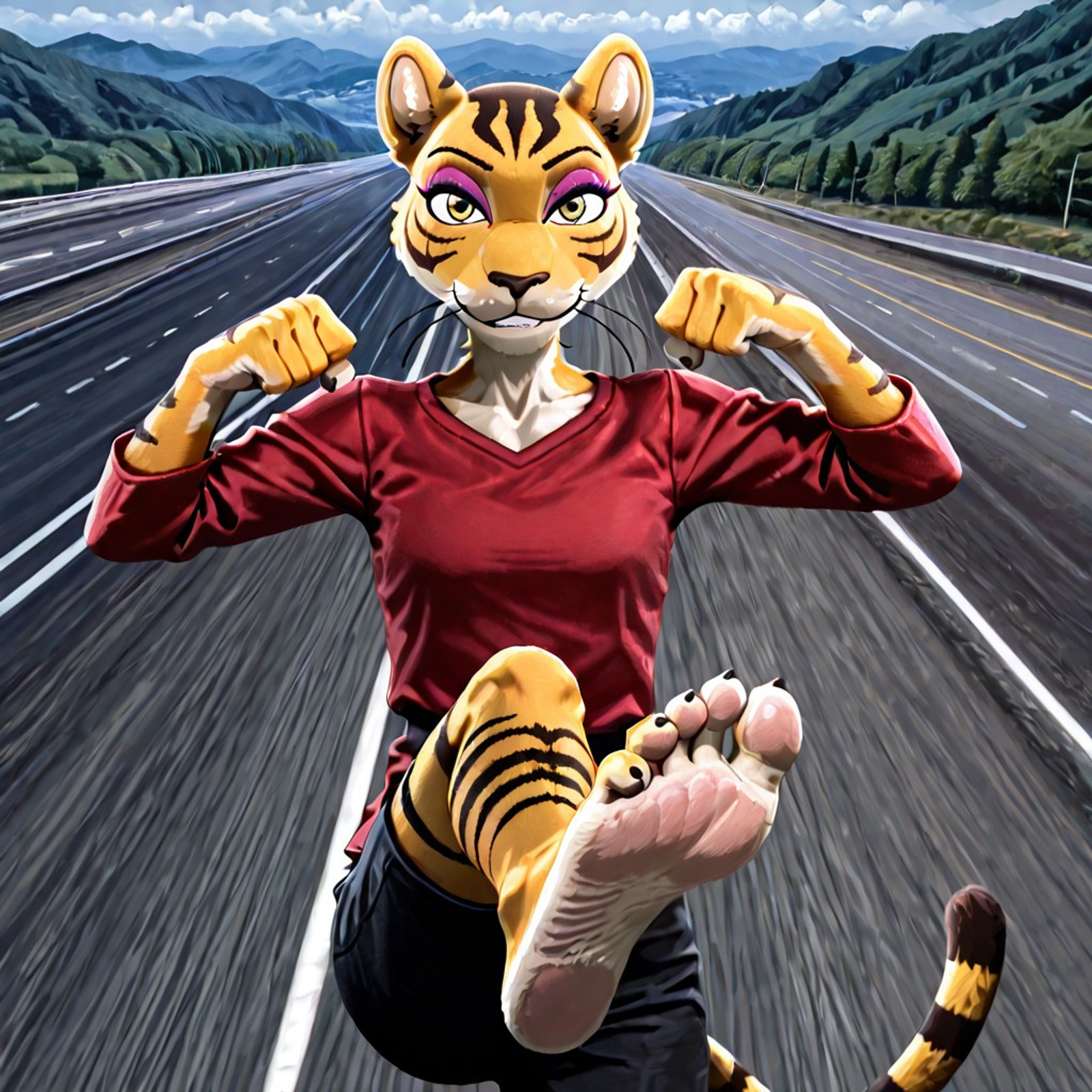 4k, masterpiece, best quality, amazing quality, very aesthetic, high resolution, absurdres, newest, 1girl, solo, upper body, anthro, luna_bs, anthro, furry female, tiger girl, tiger ears, beautiful eyes, tiger tail, eyeshadow, whiskers, red shirt, black shorts, barefoot, feet, thin feminine feet, humanoid feline feet, sole shown on one foot, five toes, five toe outline, foot fetish, foot focus, karate kick, kung fu kick, combat pose, looking at viewer, kicking viewer, sweet smile, outdoors, Daytime, Highway, Road, Middle of Nowhere, Mountains