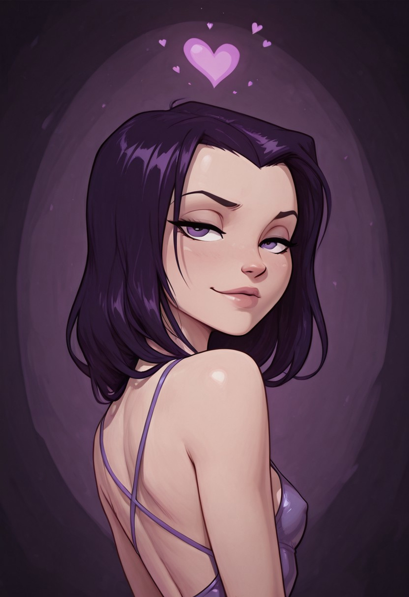 QueenComplex, masterpiece, best quality, ultra-detailed, intricate details, highres,
1girl, (solo), Roxy, dark purple hair, purple eyes, perfect face, petite body, hearts,