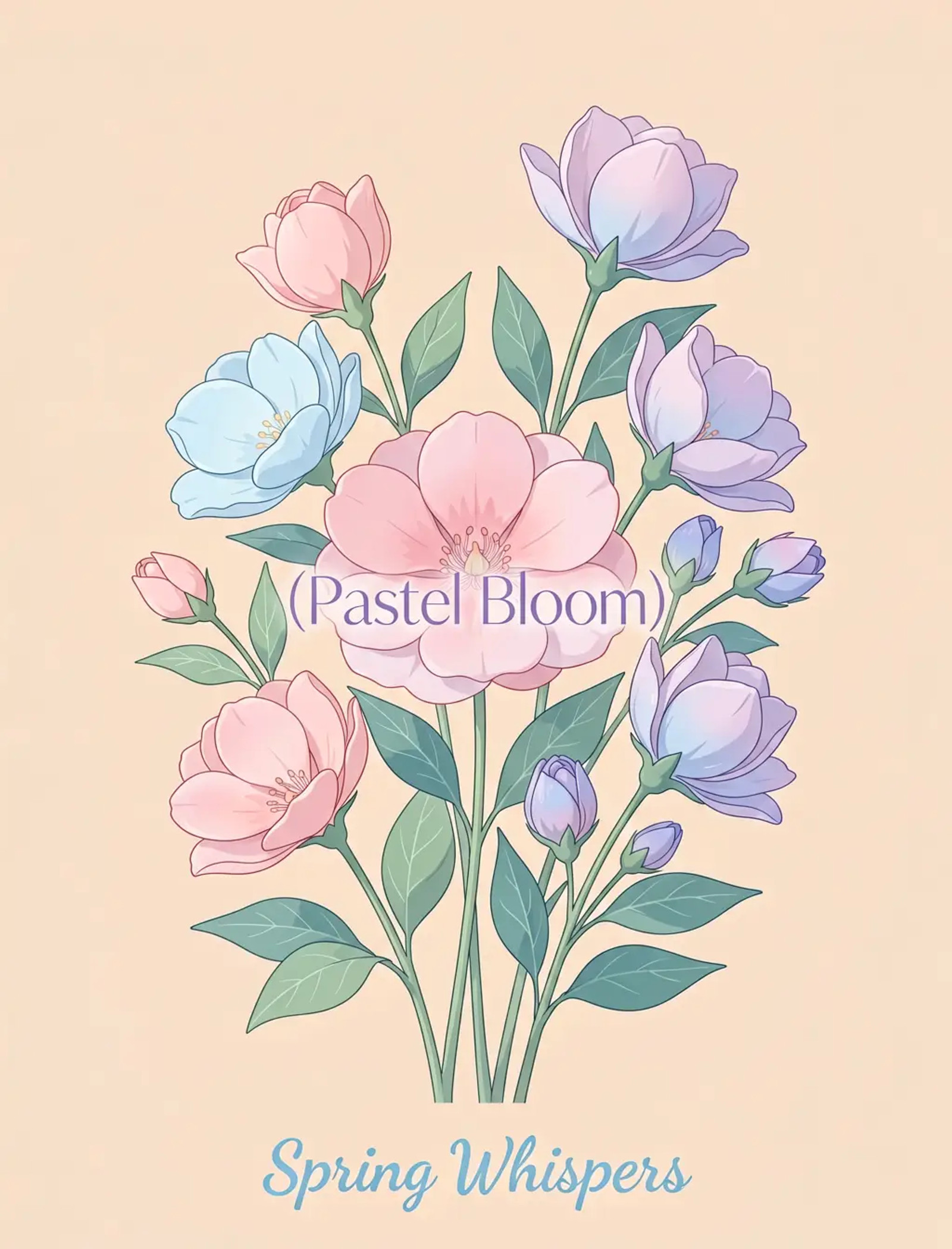 A delicate, ultra-clean, highly aesthetic botanical illustration rendered in the style of modern minimalist anime concept art. The subject is an arrangement of slender flower stems reaching upwards against a muted, warm pale peach/beige background. The flora features various bloom types: prominent open flowers with soft pastel petals (pinks, light blues, subtle lavender), and several delicate closed buds clustered along the branches, ranging from blush pink to lavender-blue tips. The leaves are rendered in varying shades of cool sage green and dusty teal, providing beautiful tonal variation against the warm background. The art style is exceptionally clean vector-like digital painting lines are precise, colors are perfectly flat yet blended with soft gradients on the petals, emphasizing tranquility. There is no harsh lighting; instead, the scene benefits from even, diffused studio light that eliminates deep shadows, allowing every petal and leaf vein to be clearly visible while maintaining an ethereal softness. Compositionally, the flowers fill the majority of the frame vertically, creating a graceful, ascending movement perfect for portrait orientation. The text "(Pastel Bloom)" is rendered in an elegant, thin-stroked sans-serif font, positioned horizontally near the center of the largest open pink bloom, utilizing a soft lavender color to harmonize with the palette. At the very bottom center, the phrase "Spring Whispers" appears in a slightly bolder but still delicate light blue script, grounding the arrangement and enhancing the feeling of gentle awakening. The overall mood is serene, hopeful, romantic, and beautifully understated a masterclass in controlled color harmony and refined botanical presentation.