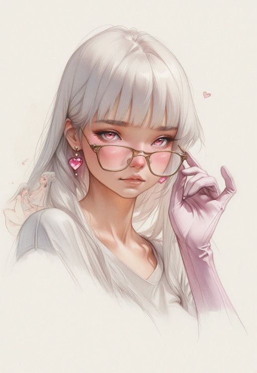 masterpiece, best quality, illustration, 

delicate, dreamy, fantasy art, volumetric lighting, natural shadows, soft and gentle colors, soft pastel colors, soft shading, detailed textures, 

1girl, solo,  portrait, close up, hearts, pink eyes, blushing, white hair, hime cut, high-collar white shirt, crop top, holding glasses, on side,  elegant earrings, pink elbow gloves, 
pink eyes, white background, abstract background, 
PRStyle,
sketch, traditional media, 
