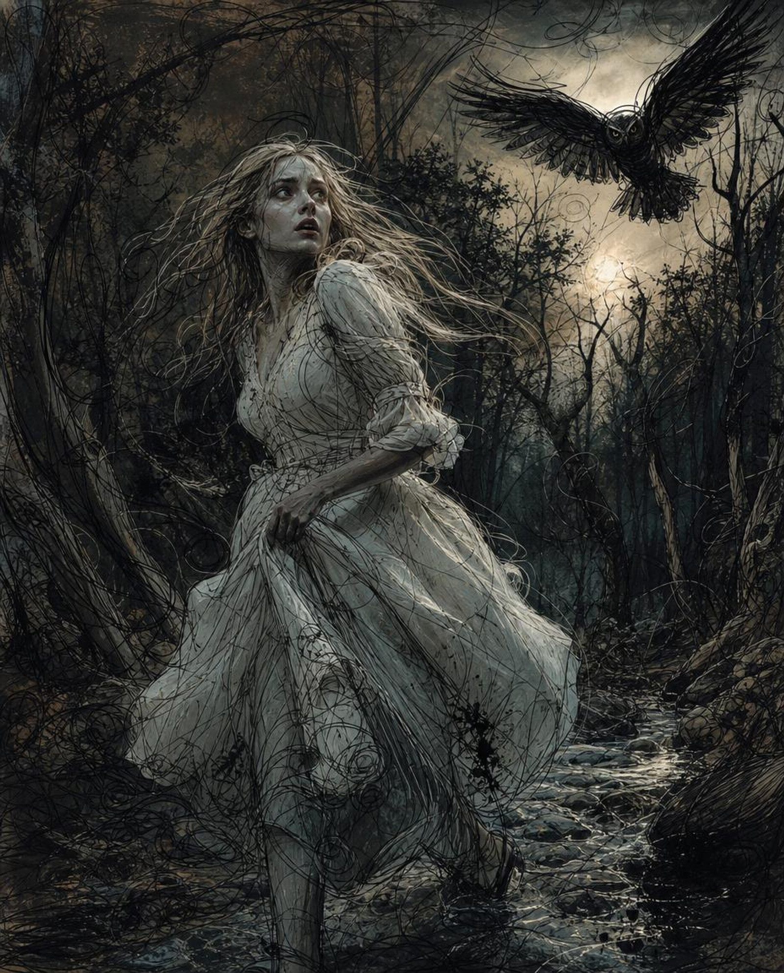 She didn't notice how her evening summer walk had dragged on, and instead of the familiar route, she wandered into the forest. And suddenly she realized that she really was lost. Her light white dress caught on the dead branches lying on the ground. She freed the dress from the caught branch and walked on, hoping to get out of the forest in the twilight before nightfall. Passing a small forest stream and soiling her shoe in its silt, she saw a quick movement in a gap between the tree canopies and screamed in fright. It was only an owl, but it seemed to her as if large sinister wings could block the sky above her. Fear and anxiety increasingly took hold of her, and the hope of getting out receded further, which was reflected in the tense paleness on her lovely face. In the dimming twilight, her figure in a light white dress with her loose dark blond hair could very well have seemed ghostly, wandering in the darkness of the enchanted forest, like a spirit. Dramatic tones. Dynamic movement. Additional drawn many vector free lines drawing contours of figures a painting by an artist with an unstable psycho-emotional state, combined with deliberate cinematographic style. Abstract fantasy with elements of Gothic style.