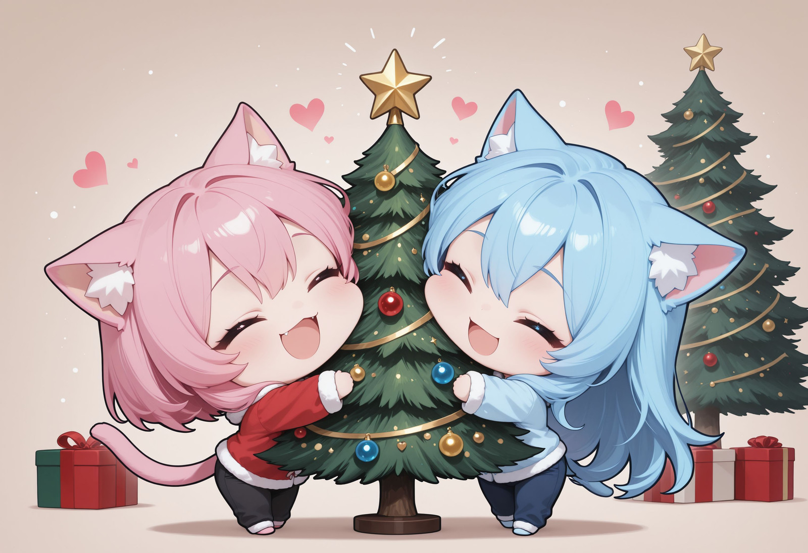 masterpiece, best quality, highres, absurdres, 2girls, happy, hugs, hearts, ((chibi)), ((big head)), deformed, christmas, christmas tree, presents, BREAK
catgirl with pink hair, pajama, pants,catgirl with blue hair, pajama, pants, <lora:PHM_style_IL_v3.3:0.85>, <lora:ppw_v8_Illuv2stable_128:0.5>,