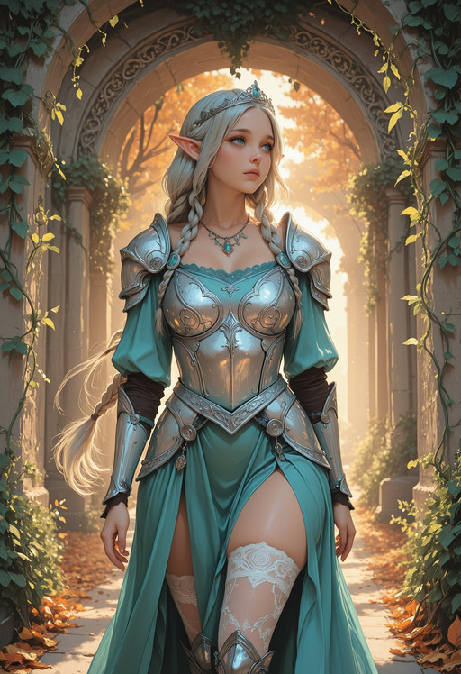 woman, elf, walking, curvy, cowboy shot, necklace, very long hair, tiara, braids, aqua blouse, silver armor, ornate, armored dress, lace stockings, thighhigh boots,
archway, green vines, evening, autumn.
masterpiece, amazing quality, best quality