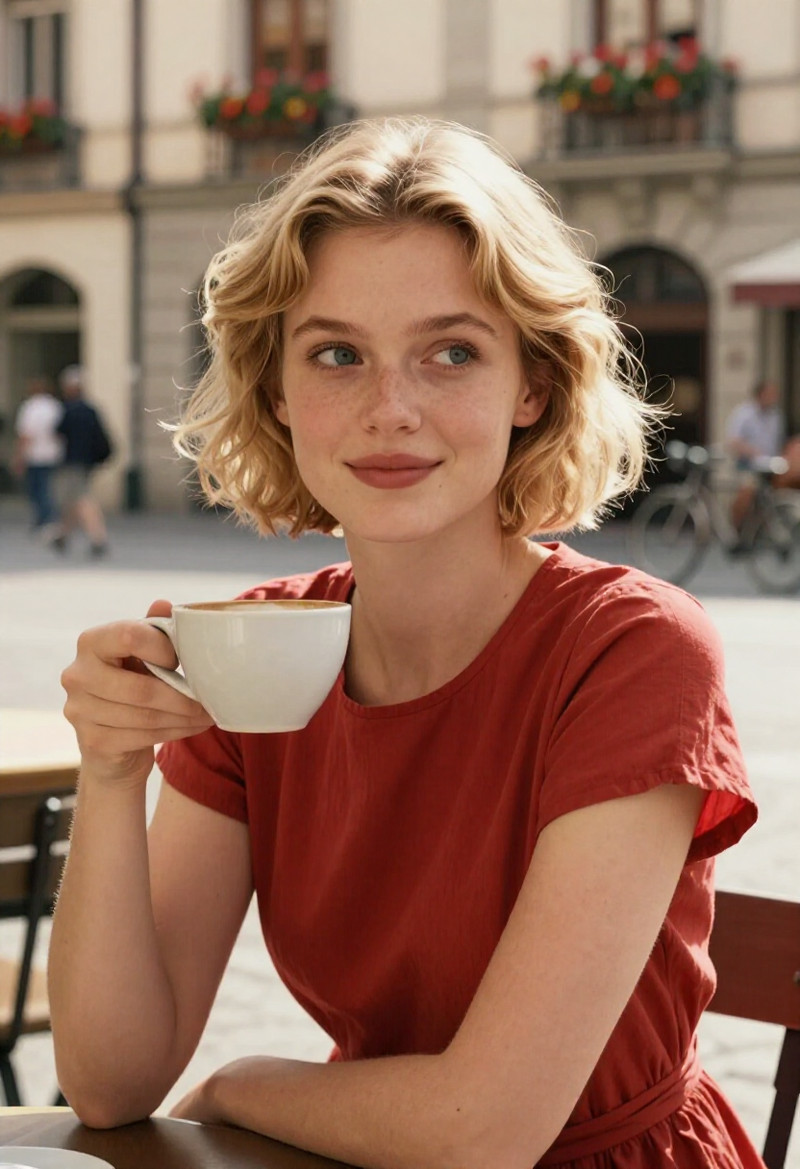 young adult European woman, short softly curled blonde bob framing her face, expressive blue eyes, heart-shape