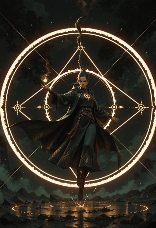 ultra-HD, 8K, ultra detailed, concept art, masterpiece, best quality, amazing quality, newest, absurdres, highres, masterwork, detailed, high detail, very aesthetic, great atmosphere, amazing ambience, perfect composition, sharp focus, dramatic lighting, intricate, dynamic, rich color, (dark green theme), scenic, background, ((action, dynamic, Fantasy mage robes, elaborate braid, glowing arcane circle)), 1girl, (koyorin:chengongzi123:0.7), incase, (kagami hirotaka:lasterk:0.7), BurstDaal, linele55fantasy, no lineart, patterned clothes, elegant, light