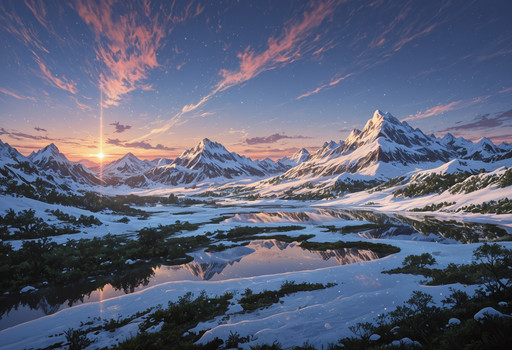 0r1_style, scenery, masterpiece, best quality, highly detailed, sharp focus, scenic landscape, majestic snow-capped mountains, clear lake, lush green forests, dramatic golden hour sunset lighting, misty atmosphere, wide angle cinematic composition, vibrant colors, intricate details
