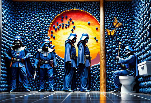 blueberrym0rph, blueberry Darth Vaders waiting in line for the toilet, blueberry wall, (all made out of blueberrys:1.1) , depth of field, (detailed background:1.16) , masterpiece, digital photograph, DSLR, ludicrously detailed, dark, depth in the foreground, by Wes Wilson, Nicholas Hilliard, close up of a Beautiful (Sunset Moth:1.3) , Golden ratio, Overdetailed art, Conceptual Art, Reflected light, Slow Shutter Speed, Canon eos 5d mark 4, F/8, Kintsugi, Double Exposure, Unsplash, appealing, baroque, <lora:Blueberry_World_MorphSDXL:1.2><lora:LCMTurboMix_DPM_SDE_Karras:0.5><lora:detailed_notrigger:0.8>, professional fine composition, fabulous colors, stunning, enchanted, best, intricate