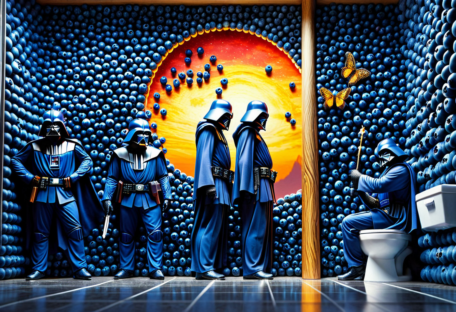 blueberrym0rph, blueberry Darth Vaders waiting in line for the toilet, blueberry wall, (all made out of blueberrys:1.1) , depth of field, (detailed background:1.16) , masterpiece, digital photograph, DSLR, ludicrously detailed, dark, depth in the foreground, by Wes Wilson, Nicholas Hilliard, close up of a Beautiful (Sunset Moth:1.3) , Golden ratio, Overdetailed art, Conceptual Art, Reflected light, Slow Shutter Speed, Canon eos 5d mark 4, F/8, Kintsugi, Double Exposure, Unsplash, appealing, baroque, <lora:Blueberry_World_MorphSDXL:1.2><lora:LCMTurboMix_DPM_SDE_Karras:0.5><lora:detailed_notrigger:0.8>, professional fine composition, fabulous colors, stunning, enchanted, best, intricate