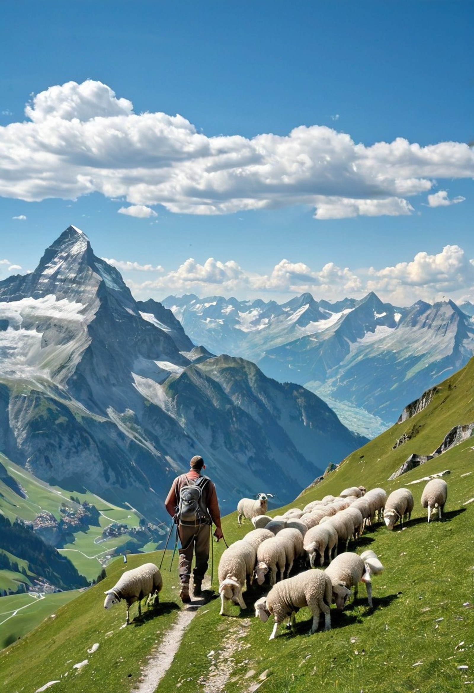 Swiss Alps, shepherd with his sheep and dog climbing a mountain, Swiss Alps background, blue sky and cirrus cloud