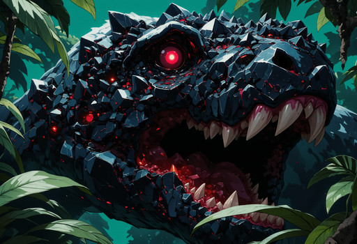 dynamic dutch-angle close-up of a feral tyrannosaurus rex formed from polished obsidian crystal, massive jaws open in a thunderous roar revealing razor-sharp fangs, deep volcanic black surfaces fractured with glowing internal crimson light, sharp angular gemstone scales catching subtle reflections, crystal clusters growing around the eyes and brow ridges like jagged mineral formations, glowing red eyes with intense predatory focus and blood-red sclera, dark jungle leaves partially framing the creature from the foreground, dense tropical shadows surrounding the head, cinematic night atmosphere with deep blacks and dim emerald highlights, dramatic contrast between reflective obsidian surfaces and soft jungle darkness, ultra detailed crystal textures, primal ancient menace, painterly dark fantasy realism, powerful composition with aggressive forward motion and intense focus, cinematic animated sequence in the spirit of richly hand-painted 1990s fantasy animation <lora:GeodeFLUX:.5> <lora:Kaguya_style_v2:.3> kaguya style