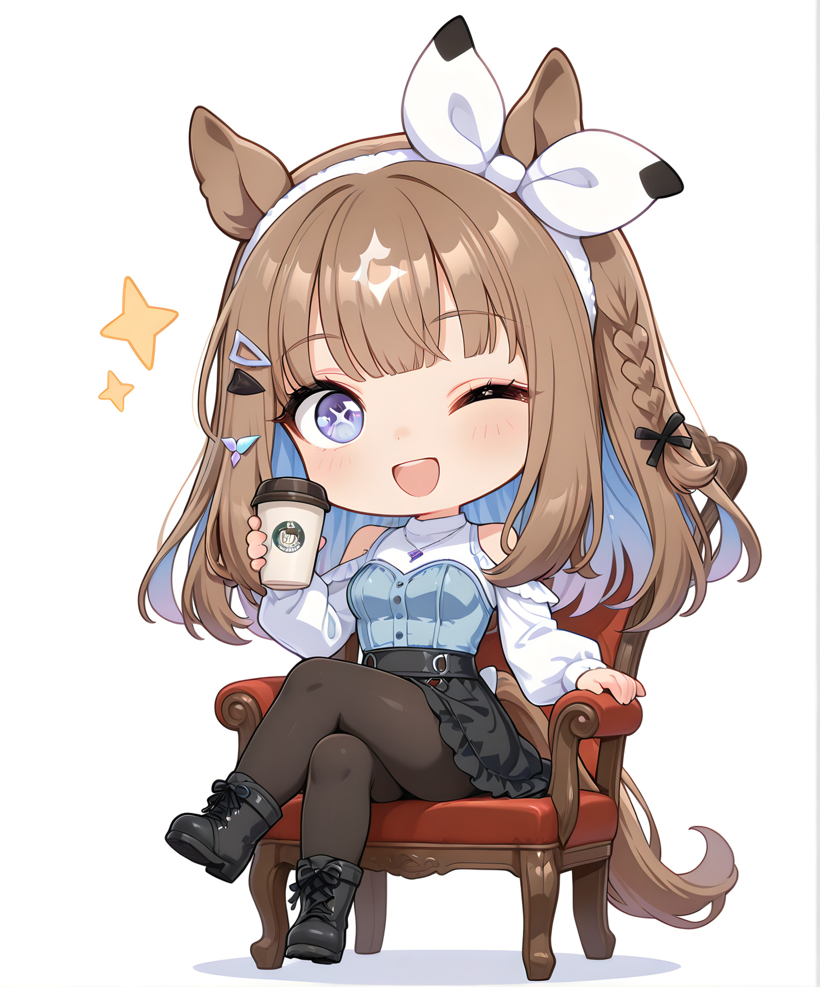 (masterpiece:1.3), (best quality), (amazing quality), ultra-detailed, absurdres ,(detailed eyes:1.3), perfect eyes,  shiny eyes, long  eyelahes,
, white background, 
(1 girl:1.3), solo,  almond eye (umamusume),umamusume,horse girl, animal ears, horse ears, blue eyes, x-shaped pupils, sparkling eyes,brown hair, blue hair, long hair, side braid, hairclip, diamond hair ornament, colored inner hair, 
headband, hairband, ribbon,
casual, blue bustier, white shirt,black pantyhose, black footwear, black skirt, boots, long sleeves, necklace, shoulder cutout,strapless dress, 
sitting on chair, crossed legs, holding disposable coffee cup, posed, looking at viewer, :d,  one eye closed, v over eye, 
full body, 
 <lora:almondeye_Illust_v4:1>,
<lora:chibi_vpred2d24:0.5>
(chibi:1.3),