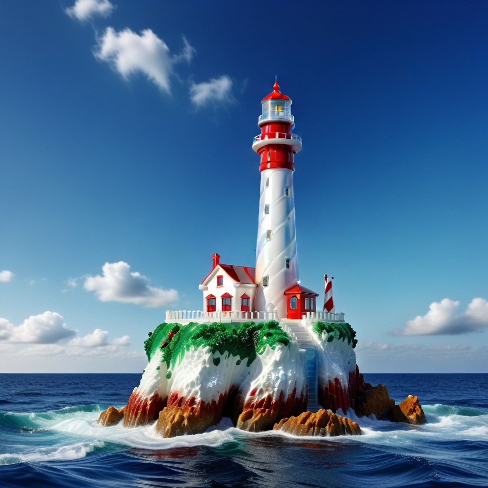 Prompt: SDXL-red-white-lighthouse-embedding, Murano_Glass_Style, masterpiece, masterwork, whole body, beautiful image of a lighthouse on the (cliff out in the rough ocean)++, background (jungle)+ and (blue cloudy sky)++, (made out of delicate and fragile fine original Murano glass material)+, flawless, elegant, vibrant details, expansive view, clear outlines, clean sharp focus, ultra detailed, high contrast, award winning image, stunning, colorful, vibrant colors, beautiful composition, 8K.