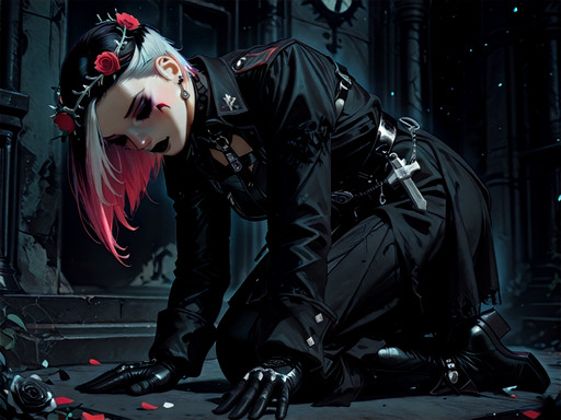 masterpiece, best quality, amazing quality, very aesthetic, high resolution, ultra-detailed, absurdres, newest, 1girl, goth theme, solo,asymmetrical layered cut with highlights hair,(black lipstick, clown makeup, silver jewelry, character centered), floral withered rose crown, harness-strapped tunic, military-style breeches, military frock coat, cyber-goth chunky soles, safety pin adorned wraps, , bowing deeply respectful, <lora:maestronoob:1> (maestronoob style)