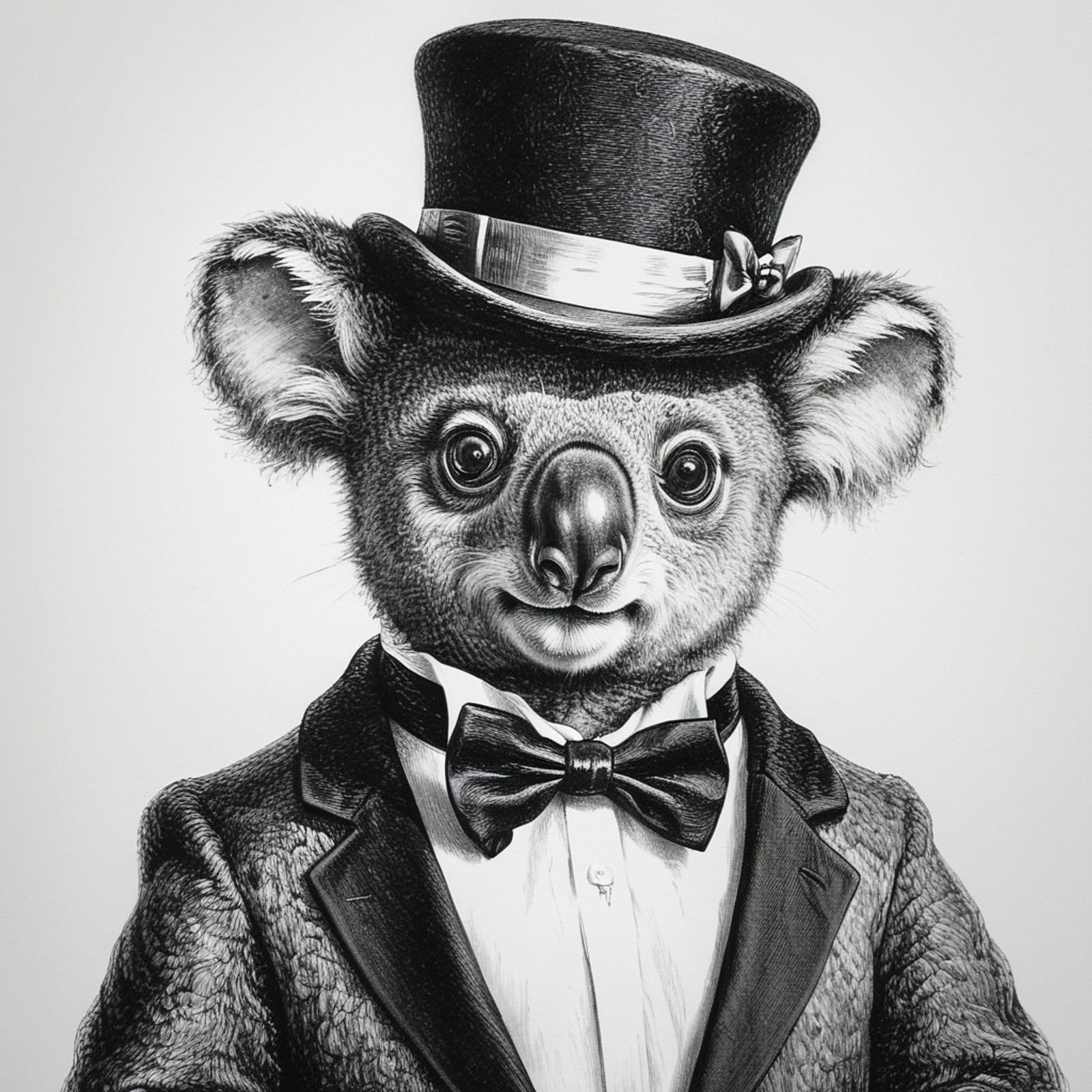 llbreton, monochrome,grayscale, kind koala, bow tie, top hat,