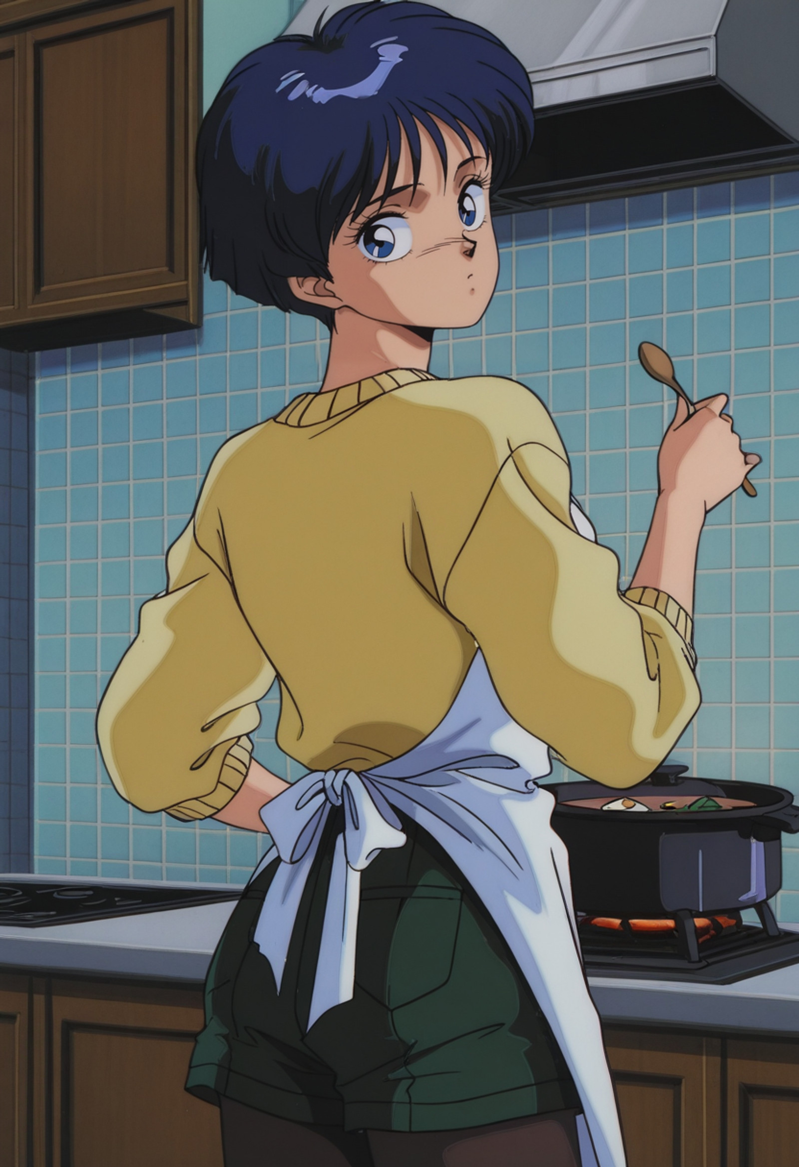 <lora:IL_Kazumi_Kishida_-_Ariel:1>official art, detailed art, ultra detailed art, masterpiece, anime coloring, finetuneanime, anime screencap, retro artstyle, 1980s \(style\), kasumikishi, 1girl, solo, blue eyes, blue hair, short hair, blue eyes, medium breasts, curvy, medium hips, yellow sweater, long sleeves, dark green shorts, black pantyhose, pantyhose under shorts,
BREAK
standing, from behind, white apron, looking back, confused, holding spoon, stove, hot pot, 
indoors, kitchen, aesthetic, very aesthetic,