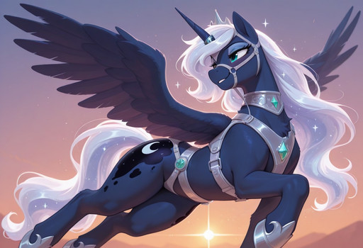 masterpiece, best quality, vibrant colors, sunset gradient background, featureless background, absurdres, newest, my little pony, safe, pony, feral, female, equid, solo, princess Luna (mlp), tall, long hair, (curvy:1.1), elaborate harness, (alternate design:1.4), sparkles, wisps, blush, confident, smile, jewels, metal ornaments, bridle, silk, glowing silver, arabic, indian, posing, dynamic pose, wings, horn ring