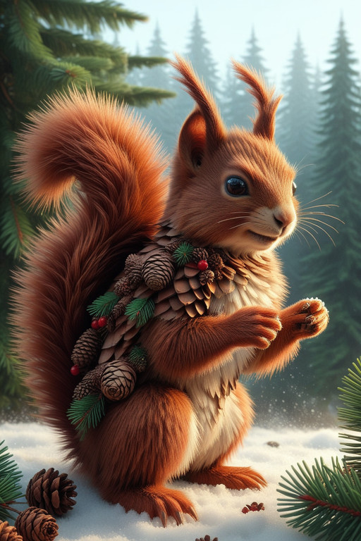 high quality, masterpiece, ultra-high resolution, incredible composition, extremely detailed, <lora:add-detail-xl:0.8>,<lora:Fir-Needles-v1:0.8>, fir needles, 
A cheeky red squirrel assembled from wiry fir needles, its bushy tail a cascade of spiked greens ending in pine cone fluff, cheeks puffed with needle bristles and acorn-like cones as ear tufts, twinkled with Christmas flairâgolden nutcrackers dangling from the tail and holly berry garlands around the torso. Scrambling up a snow-draped evergreen trunk in a winter woodland, capturing agile mischief, hyper-detailed fur simulation, vibrant digital art in ruby reds and frosty silvers.