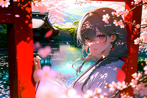 masterpiece, very aesthetic, @sw33t, @gpt-image-2, You are an assistant designed to generate high-quality anime images with the highest degree of image-text alignment based on xml format textual prompts. <Prompt Start>
masterpiece, best quality, score_9, @rourou \(been\), @sak \(lemondisk\), @shexyo, @dk.senie, @rororo, @re0n, @qiandaiyiyu, @meion, @chen bin, @marushin \(denwa0214\), 1girl, solo
gray brown hair, desaturated hair color, long hair, messy bangs, hair between eyes, (side braid:1.4), (single braid:1.3), (braid over shoulder:1.2), hair strands, 
(holding braid tip:1.1), 
(white bone hair ornament:1.2), hair ornament, magenta eyes, flower-shaped pupils, long eyelashes, eye highlights, 
(mole under eye:1.2), light blush, 
large breasts, (single earring:1.3), (red gemstone earring:1.2), drop earring, 
gentle lovely expression, face close to camera, leaning against weathered red torii gate, one hand resting on wooden pillar foreground interspersed with falling sakura petals and low-hanging cherry blossom branches, sunlight filtering through pink blossoms casting dappled shadows, mountain shrine background ancient stone steps winding up moss-covered slope, (vibrant sakura full bloom, layered pink white blossoms:1.2), distant valley view rolling green hills shrouded in light morning mist, scattered traditional wooden rooftops nestled among trees, koi pond reflection visible at gate base, perfect mirror reflection of sky and blossoms on water surface, drifting petals on water, golden hour warm sunlight, soft pink halo around character, lingering blossom mist in air, peaceful spring shrine atmosphere, delicate facial features, sharp natural scenery details, vibrant color palette pink coral lavender mixed with deep red and forest green, depth of field, intricate environmental layering
<lora:anima-highres-aesthetic-boost:0.5> <lora:anima-base-1-masterpiece-v51:0.5> <lora:sky02Light:0.5> <lora:anima3_aesthetic_improvement:0.5> <lora:AnimaNEWNSS8:0.6> <lora:gpt-image-2_anima-base1_v1:0.5>
