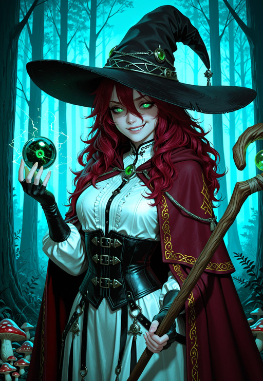 A cunning forest witch, wearing mystical traveler's attire with:
- wide-brimmed black hat with occult symbols
- dark red layered cloak with embroidered runes
- fitted leather corset with bronze buckles
- fingerless gloves with alchemical stains
Holding a gnarled wooden staff with glowing crystal orb, long wavy auburn hair cascading over shoulders, voluptuous figure, standing in misty forest glade at twilight, eerie green bioluminescent mushrooms illuminating the scene, piercing emerald eyes, knowing smirk expression, masterpiece quality, 8k resolution, dark fantasy realism style
((cowboy_shot)), ((half body view)), ((side_view:1.6))
((full clothed)), 
<lora:melkor_mancin_style:0.6> <lora:moriimee_gothic_niji_style:1>