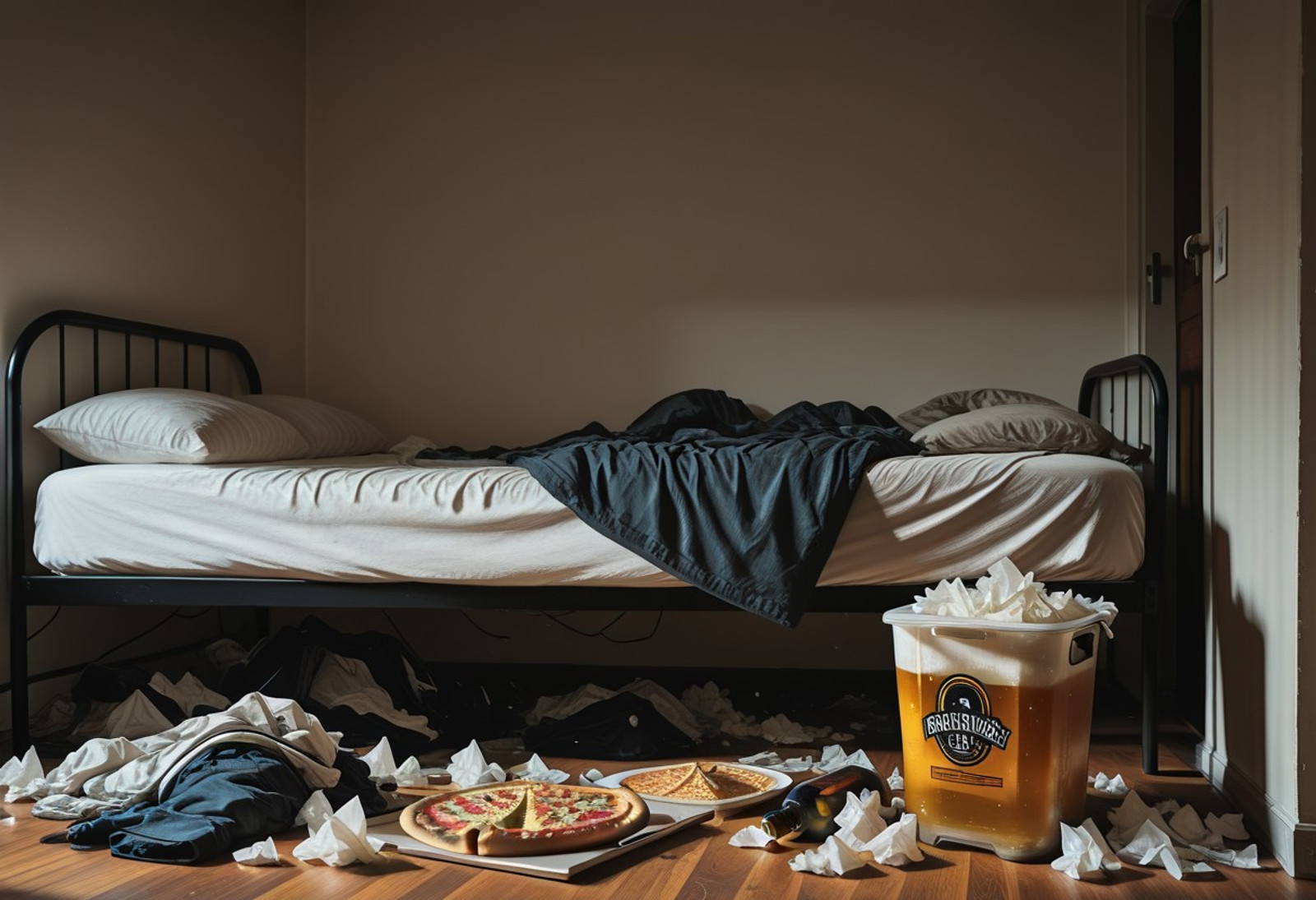 Flatline, Flat vector illustration, Black outline, Vivid colors, Kenorland, kenorland, messy room, unworn clothes, bed, chair, used tissue, trash can, trashbags, empty beer bottles, empty pizza box, empty ramen cups, chiaroscuro, (no humans:2),  very awe, aesthetically pleasing, masterpiece, best quality, amazing quality, very aesthetic, perfect depth of field shot, in'ei, dynamic angle,