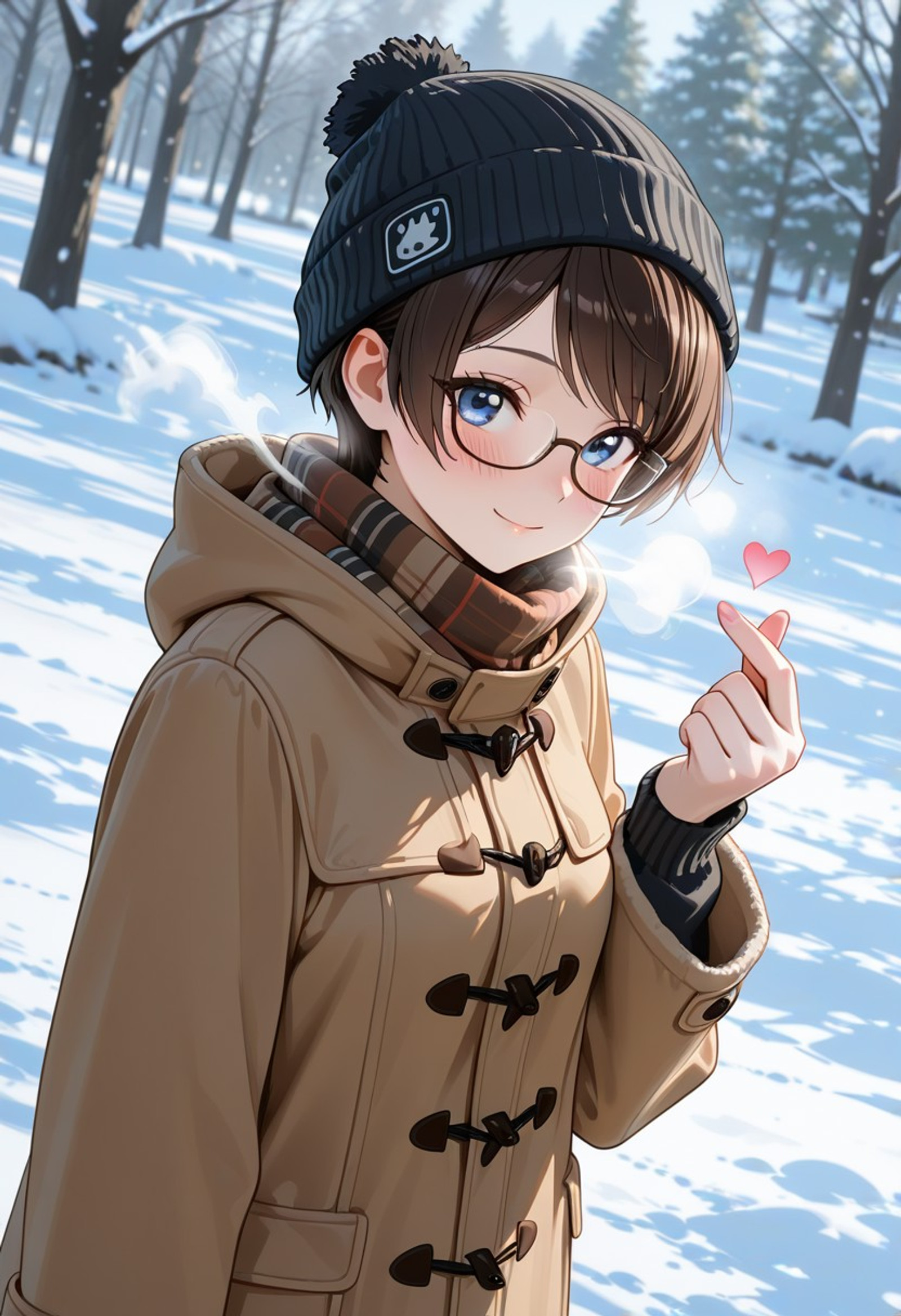((high quality:1.5), ((high resolution)), ((incredibly detailed)), newest, 8K, 16K, visualnovel illustration quality, masterpiece, natural lighting, perfect anatomy, detailed background, dynamic angle, outdoors, snow, winter, park, wind blowing, 1woman, coat, beanie, semi-rimless eyewear, perfect face, perfect blue eyes, small breasts, detailed brown pixie cut, swept bangs, lustrous skin, flushed skin, soft smile, blush, steam, soft smile,finger heart, Jeddtl02,