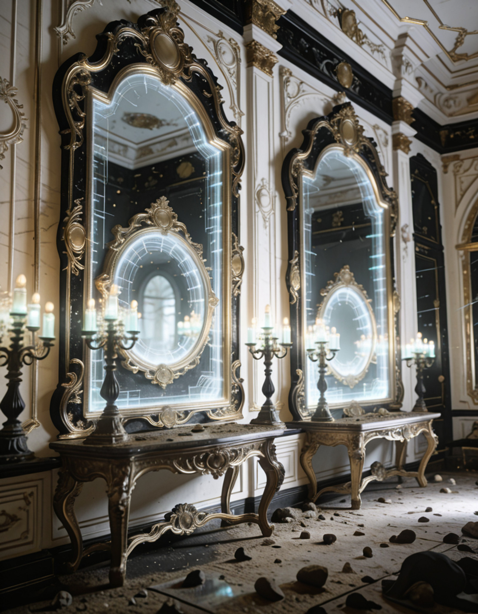 ultra-detailed rococo sanctuary, post-human future,human remnants, oversized gilded frames encasing holographic voids, 
fractal moldings in black gold and translucent ivory, 
mirrors reflecting adjacent dimensions, 
bioluminescent candelabras, warped proportions, uncanny symmetry, 
dust of centuries on baroque furniture, floating data streams 
woven into ornamental plasterwork, eerie reverence atmosphere, 
cinematic lighting, depth of field
ultra-detailed rococo s4nctu4ry  <lora:training_1715964-20260301163514302:1>, Masterpiece,best quality,hi res,8k,(sharp focus, intricate, highly detailed),