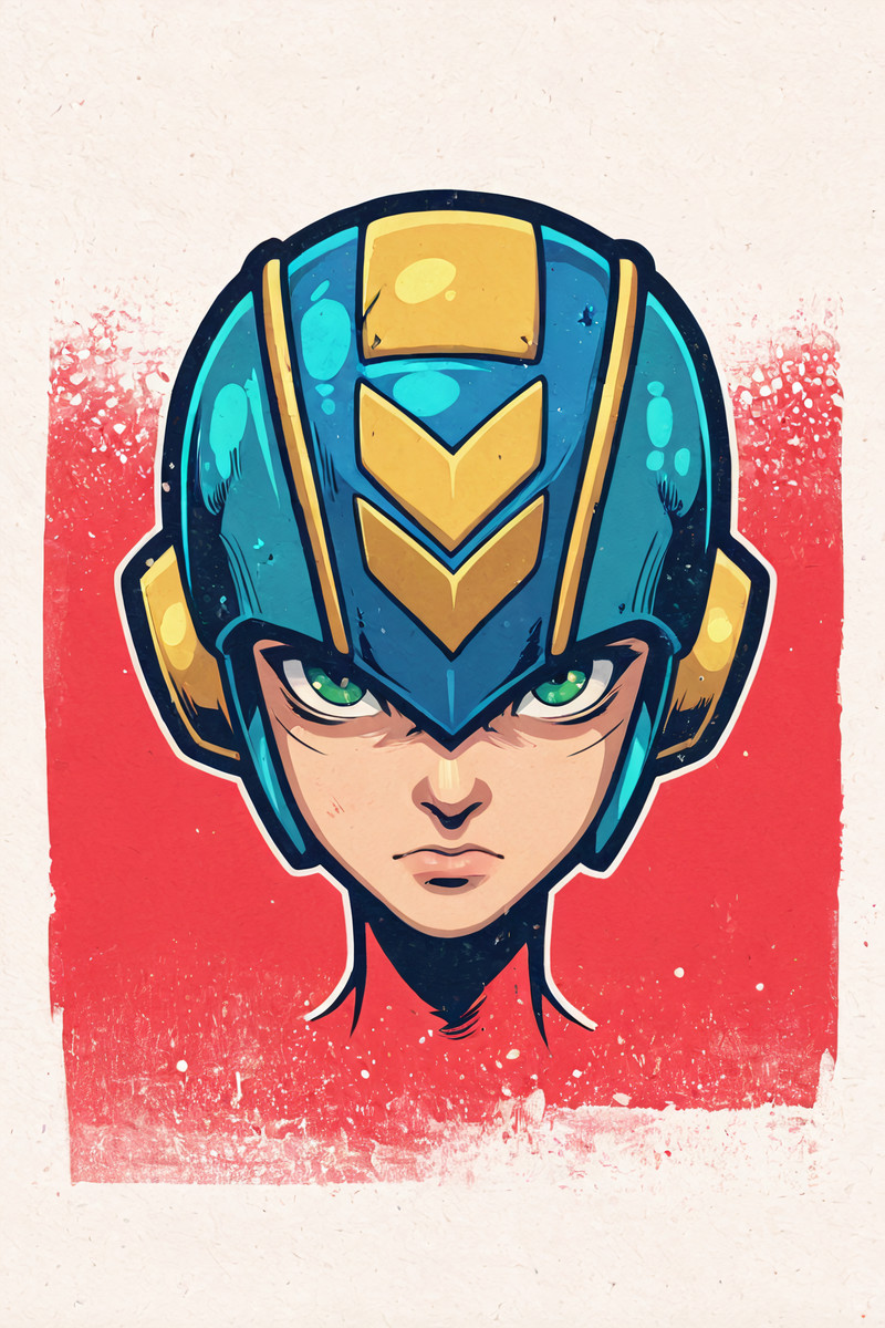 masterpiece, best quality, absurdres, stylized, SkorbzV2, megaman, red background, fantasy, from above, three 