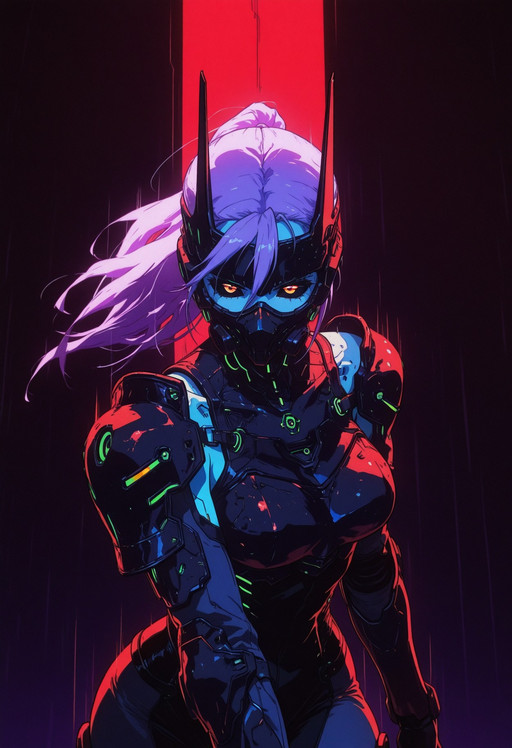masterpiece, best quality, in the style of ckncore, 1girl, solo, long hair, hair between eyes, black sclera, colored sclera, black mask, cyberpunk breastplate, futuristic shoulder armor, neon red pauldrons, looking at viewer, dynamic pose, motion lines, depth of field, focused subject, dim light, chiaroscuro, film grain, chromatic aberration, gritty, dark, atmospheric
