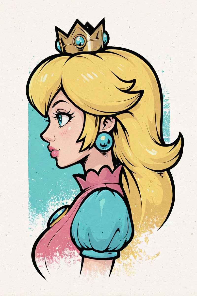 masterpiece, best quality, absurdres, stylized, SkorbzV2, princess_peach, aqua background, fantasy, from side,
