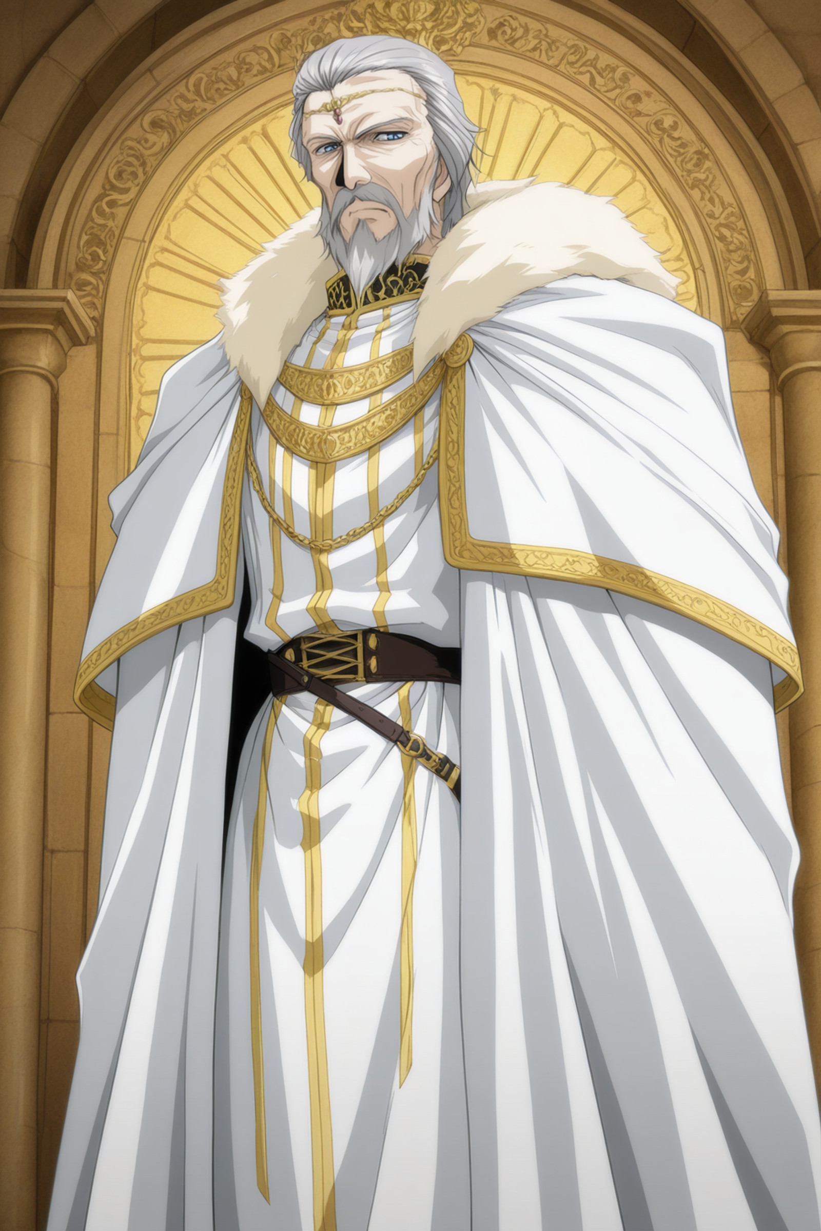 masterpiece,best quality,amazing quality,izyi Fortuna,game cg,king,1boy,solo,old man,mature male,grey hair,short hair,blue eyes,mustache,beard,facial hair,circlet,cape,fur trim,gold trim,robe,white robe,looking at viewer,side shot,male focus,standing,royal palace,<lora:izyi Fortuna_v1.0-000011:1>,