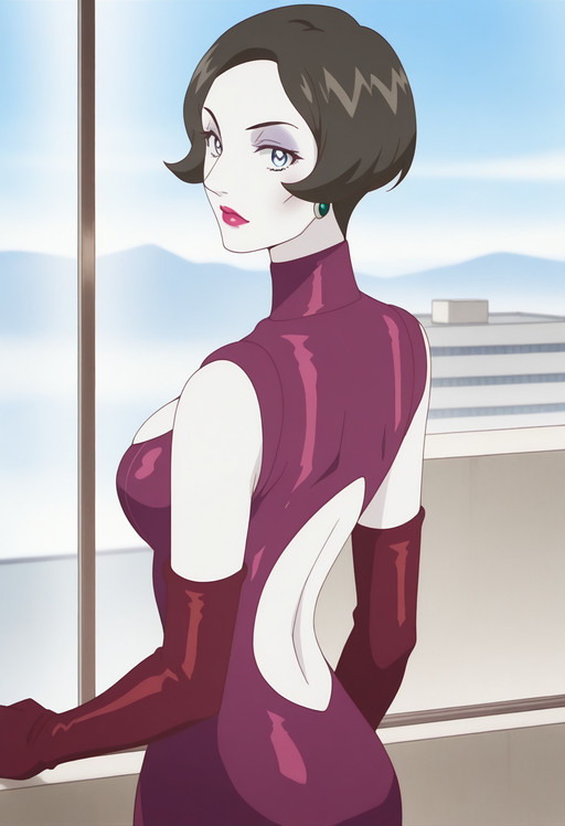 masterpiece, best quality, score_7, amazing quality,, cowboy shot, solo, looking at viewer, , <lora:interview-lady-s1-illustriousxl-lora-nochekaiser:1>, interview lady, solo, short hair, blue eyes, brown hair, jewelry, earrings, lips, makeup, lipstick, colored skin, eyeshadow, large breasts, anime screencap, gloves, dress, cleavage, elbow gloves, clothing cutout, cleavage cutout, bodysuit, turtleneck, back, back cutout, from side, rooftop, view, buildings, sky,
