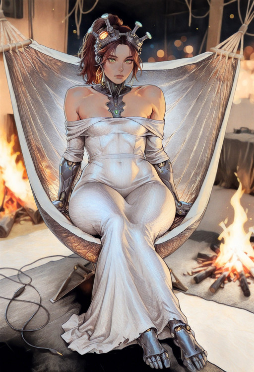 masterpiece, best quality, very aesthetic,amazing quality,, rakugakingu,holoed3n, , epiCPhoto, cf_style,(lens flare:.4), (cinematic bokeh:0.8f), (shallow depth of field:1.4), Chiaroscuro Lighting Style, 1girl, solo, , small natural breasts, perfect body, thick thighs, petite girl, brown hair color, ponytail, green eyes, looking at viewer, badly torn , off shoulder, grey dress, long sleeves, knit dress, bare shoulders, laying, hammock, campfire,((1mechanical girl)),solo,full body,(machine made joints:1.2),((machanical limbs)),(blood vessels connected to tubes),(mechanical vertebra attaching to back),((mechanical cervial attaching to neck)),(sitting),expressionless,(wires and cables attaching to neck:1.2),(wires and cables on head:1.2)(character focus),science fiction, Carbon Fiber Style,
,weave patterns, glossy, woven carbon fiber , interlocking pattern, punched ,metallic gold accents ,futuristic fire, gold trimm 
,colorful,