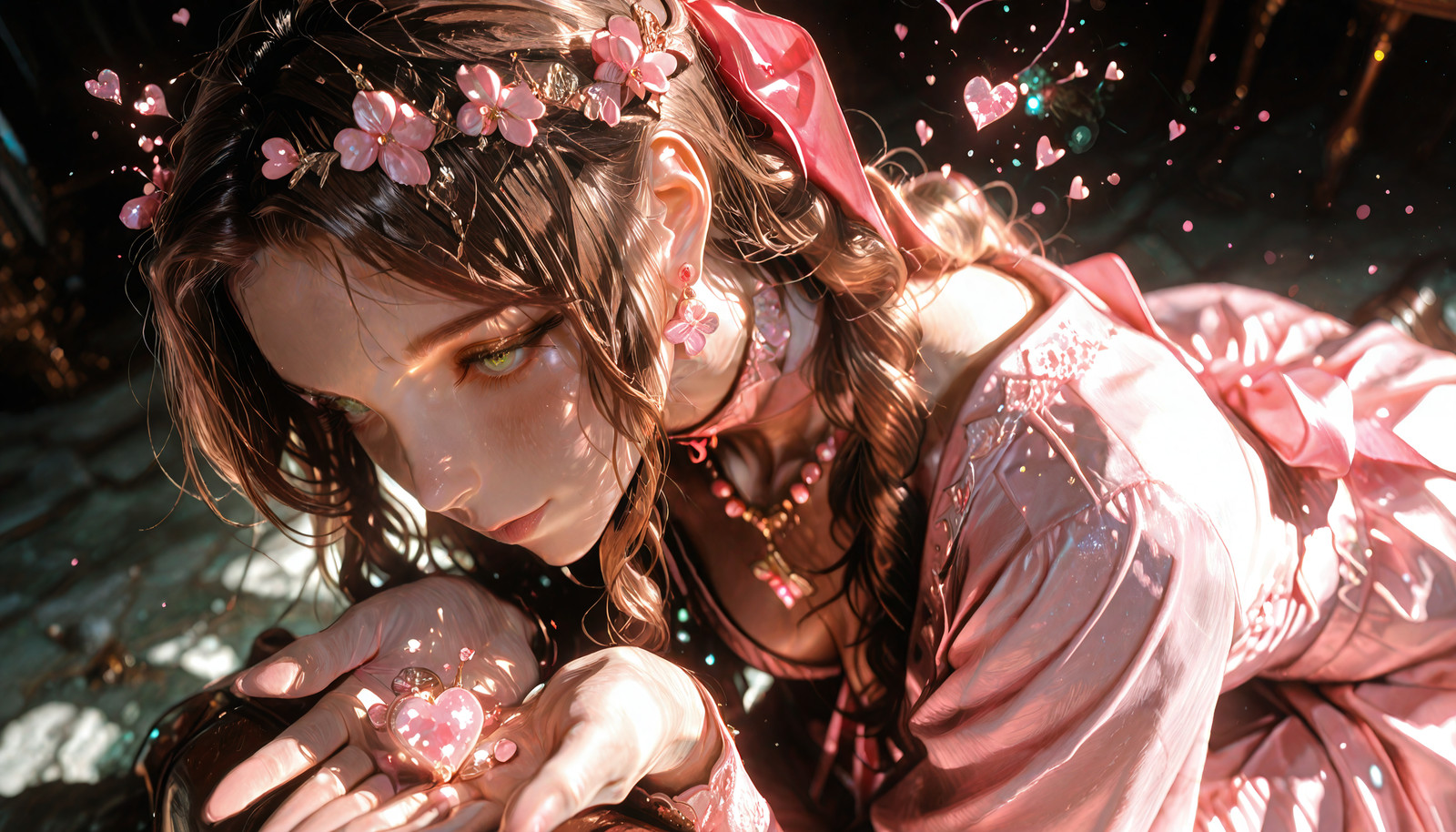 Aerith Gainsborough from Final Fantasy 7 Rebirth, beautiful slender woman with graceful feminine build, bright green eyes with gentle gaze, long chestnut brown hair in thick braid reaching mid-back with pink ribbon bow at end, long pink pearl earrings, small red orichalcum necklace, medium breasts,
BREAK
masterpiece, best quality, absurdres, highres, very aesthetic, high quality, detailed, insanely detailed, beautiful, very awa, soft skin texture, solo, 1girl,
BREAK
, bow, choker, long pink dress, boots, brown hair, braided ponytail, long hair, green eyes, hair ribbon, Gentle anime girl resting chin on interlaced hands, dreamy half-lidded eyes looking sideways lovingly, soft gentle smile, light blush, sitting on knees in seiza pose but leaning forward cutely, school uniform, floating hearts around head, serene and heartwarming sweetness