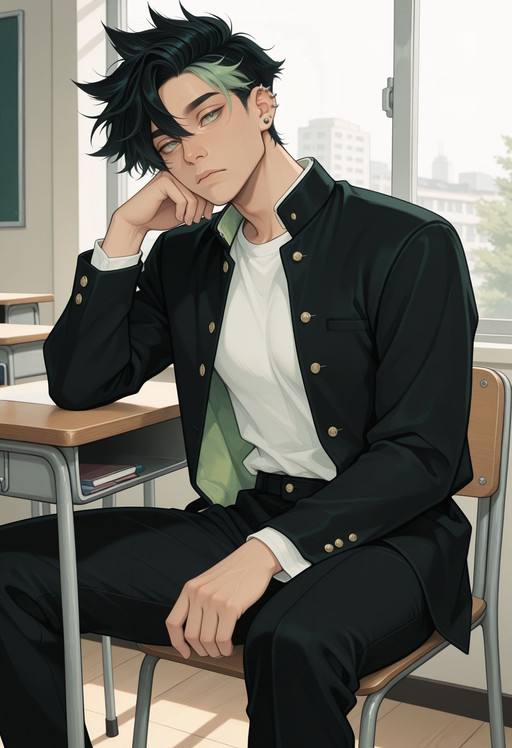 very awa, masterpiece, best quality, absurdres, newest, perfect quality, detailed background, intricate details, solo,
<lora:OCS3b:1.0>
OCS3b, 1boy, male Focus, black hair, short hair, green streaks, ear Piercings, green eyes,
looking at viewer, feet out of frame, expressionless, closed mouth, looking away, sitting, on chair, head rest, school desk, gakuran, black jacket, open jacket, long sleeves, white shirt, t-shirt, black pants, indoors, classroom, window