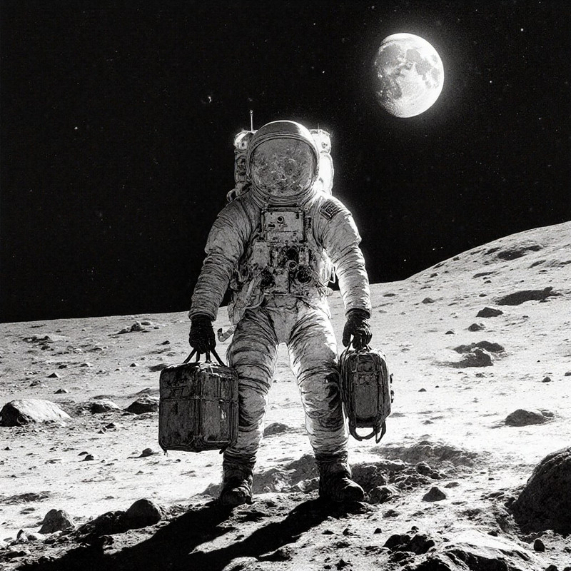 Create a image of an apollo astronaut standing on the lunar surface seen from behind, realistic NASA style spa