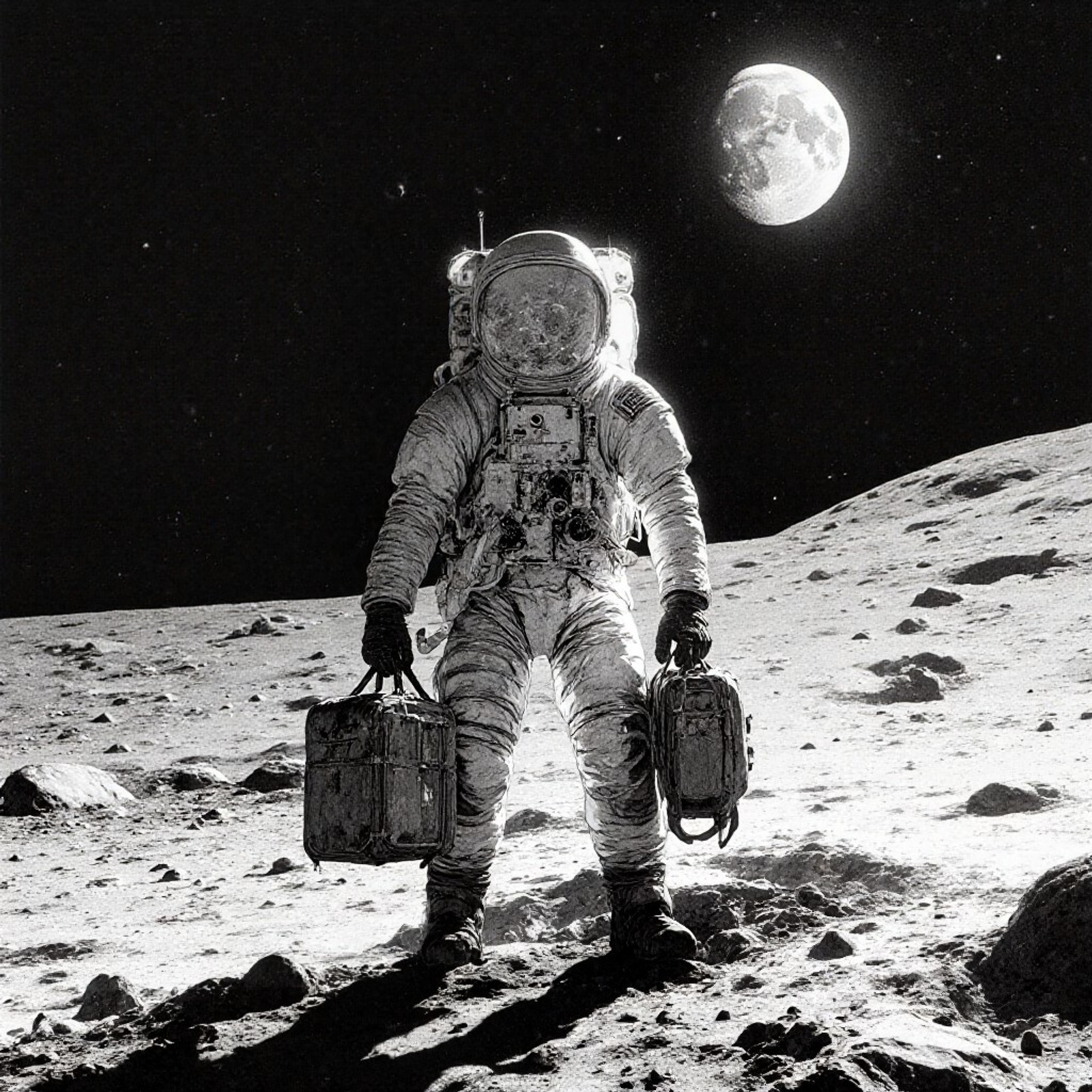 Create a image of an apollo astronaut standing on the lunar surface seen from behind, realistic NASA style spacesuit with life support backpack and traveller luggage in both hands, detailed moon dust and rocky terrain, massive full moon rising low on the horizon against deep black space, strong directional sunlight casting long shadows, cinematic composition, ultra realistic texture detail, muted grayscale tones with subtle highlights, vintage space photography aesthetic, medium wide shot, sharp focus, atmospheric silence, high contrast lighting, photorealistic cinematic still, 70mm lens, balanced composition suitable for a galler poster, a masterpiece, award winning, CAICO, double expousure
