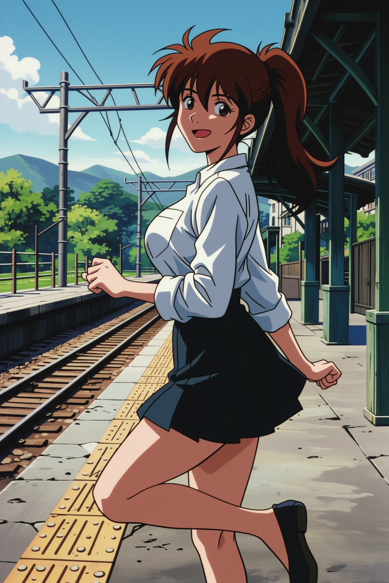 masterpiece, best quality, score_9, score_8, score_7, newest, 1girl, looking at viewer, high ponytail, flats, 
