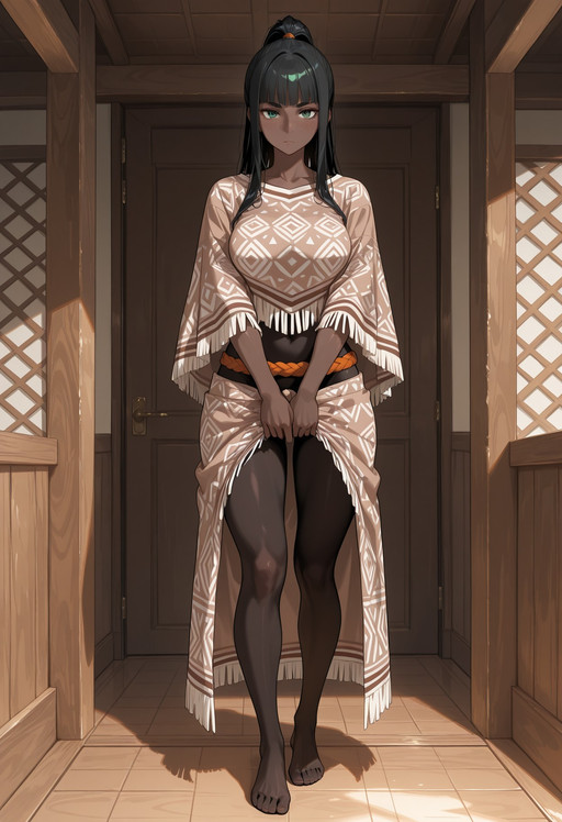 best_quality, masterpiece, highres,
indoors, ancient_house, wooden_cabin,
inca, incan, ancient_world, 

woman, 30_year_old, (very dark skin:1.2), very_dark_skin, african, (very_dark_skin: 1.3),  medium_breasts, green_eyes, (((black_hair))), ((blunt_bangs)), medium_hair, short_high_ponytail, side_locks, (straight_hair), freckles, ((freckles_on_face)), thick_eyebrows, tall, slightly_muscular, toned,

serious_expression,

((incan_inspired_clothing:1.2)),
((closed_short_poncho:1.2)),
midriff,

split_side_skirt,
long_overskirt,


((light_brown_clothes)),
((geometric_woven_trim:1.2, andes_pattern_trim:1.2)),

cloth_belt,
(black_bodystocking_underclothes),