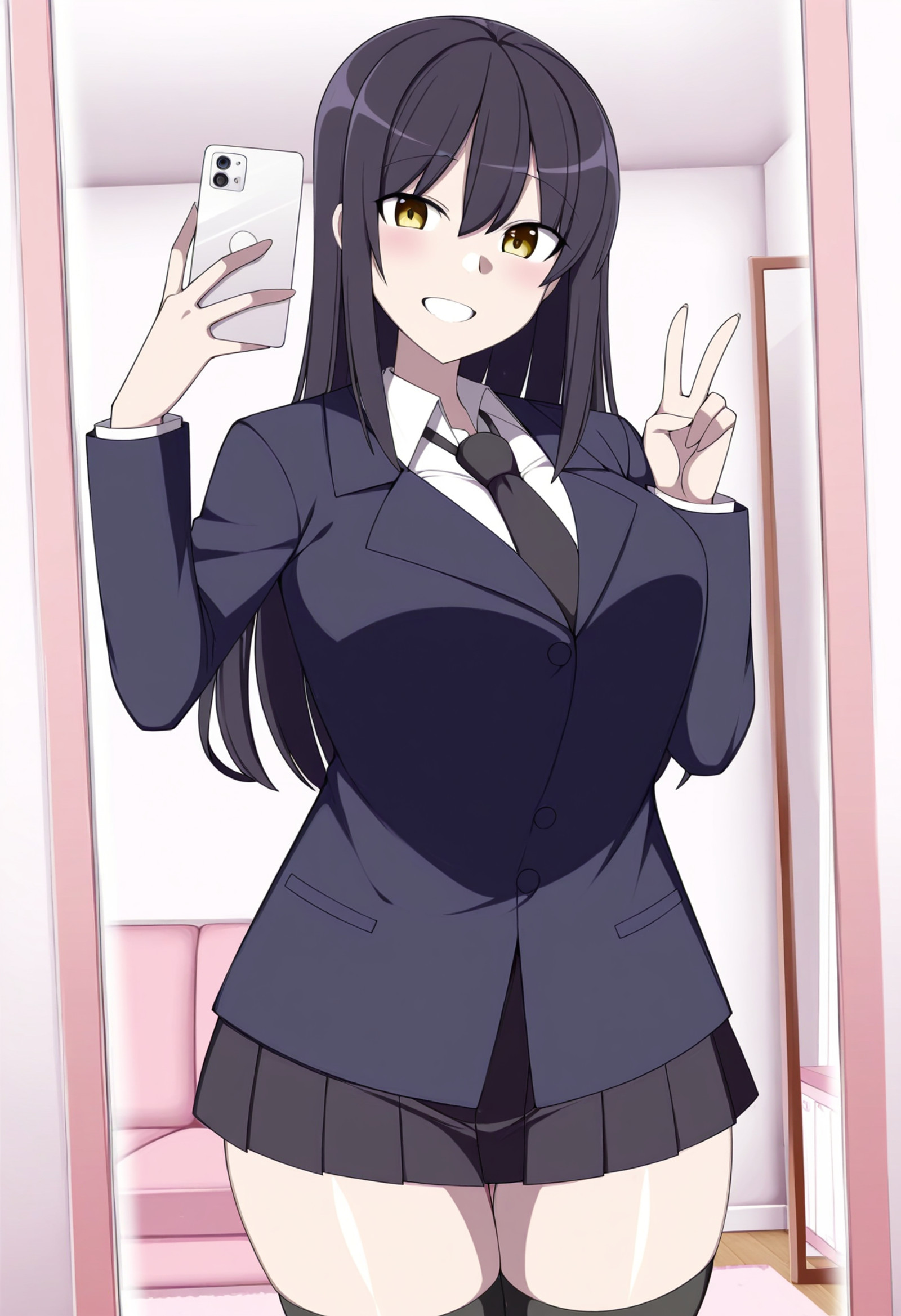 masterpiece, 1girl, solo, c-fbf, black hair, yellow eyes, long hair, large breasts, blue jacket, long sleeves, collared shirt, black necktie, black skirt, pleated skirt black thighhighs, looking at viewer, indoors, living room, mirror, grin, mirror selfie, phone, holding phone, v, legs, thighs,