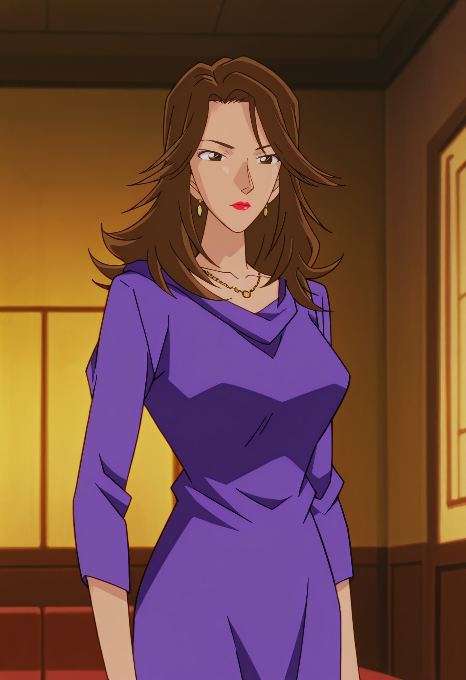 highres, ultra-detailed,very aesthetic,best quality, 5 fingers, rakugakingu
uncensored, (cirima:0.7), anime coloring, (blurry background,:1.3) , dim lighting,
1girl, jinnotamaki, brown hair, long hair, lipstick, red lips, brown eyes,mature female,
necklace, dress