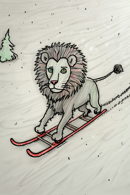 a big lion driving a sledge in winter. Winter wonderland, snow, movement, motion blur, speed and action.. ArsWorld, Doodle. ArsWorld, Doodle, busy and detailed background, sketch, high contrast, surreal, wobbly exaggeration, exaggerations, simplistic, vibrant, hard lines, whimsicle, big eyes, long legs <lora:ArsMorph_-_World_of_Doodle:1.0>