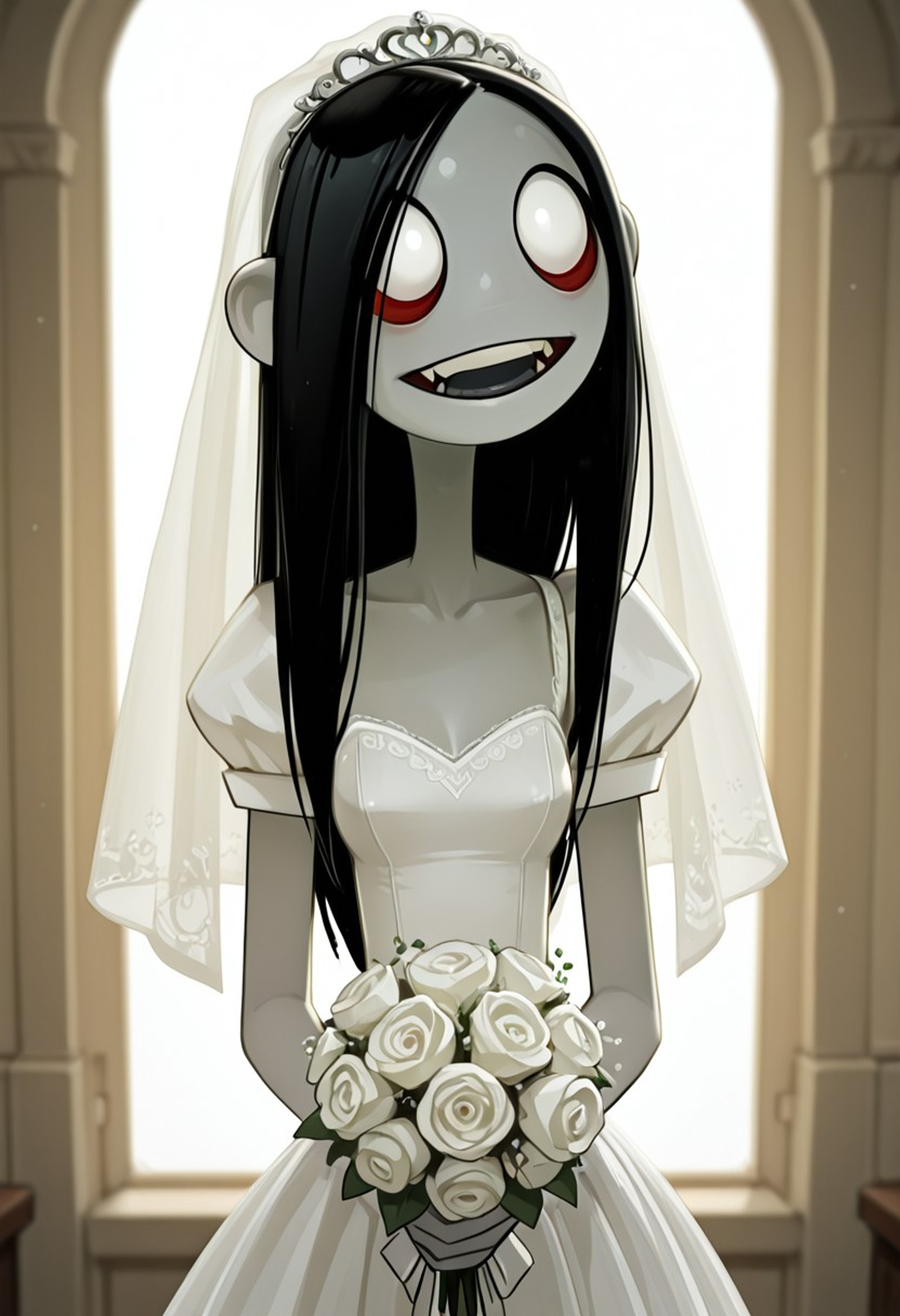 masterpiece, best quality, amazing quality, very aesthetic, absurdres,solo,creepymiltonius,1girl,ghost girl,black hair,long hair,white eyes,no pupils,no nose,gray skin,red eye bag, wedding dress, wedding, happy, neckline, bouquet of flowers