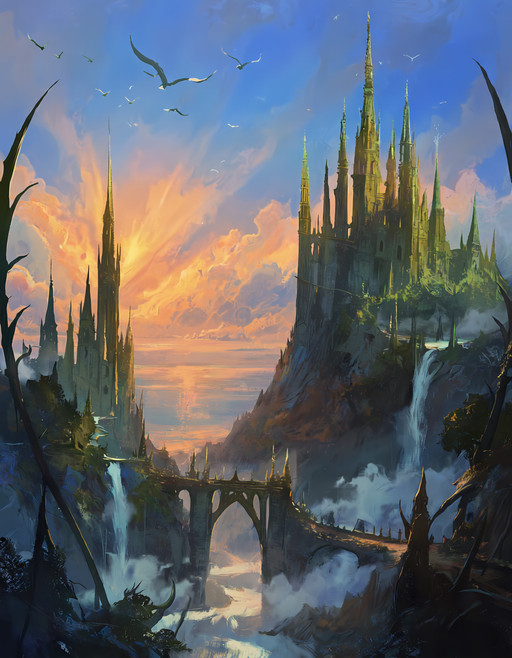 @darkfantasy, masterpiece, best quality, score_9, score_8, score_7,
epic scenery, no humans, castle, cliff, ocean, sunrise, clouds, bridge, waterfalls, mountains, forest, river, banners, towers, stone wall, village, road, wide shot, panoramic, detailed background, highres, best quality, masterpiece, safe, fantasy, medieval, landscape, cinematic lighting, natural lighting, atmospheric perspective, depth of field, blue sky, orange theme, green theme, majestic, grand scale, beautiful scenery, scenic, kingdom, fortress, horizon, birds, light rays, mist, dramatic sky, peaceful, heroic, old architecture, valley