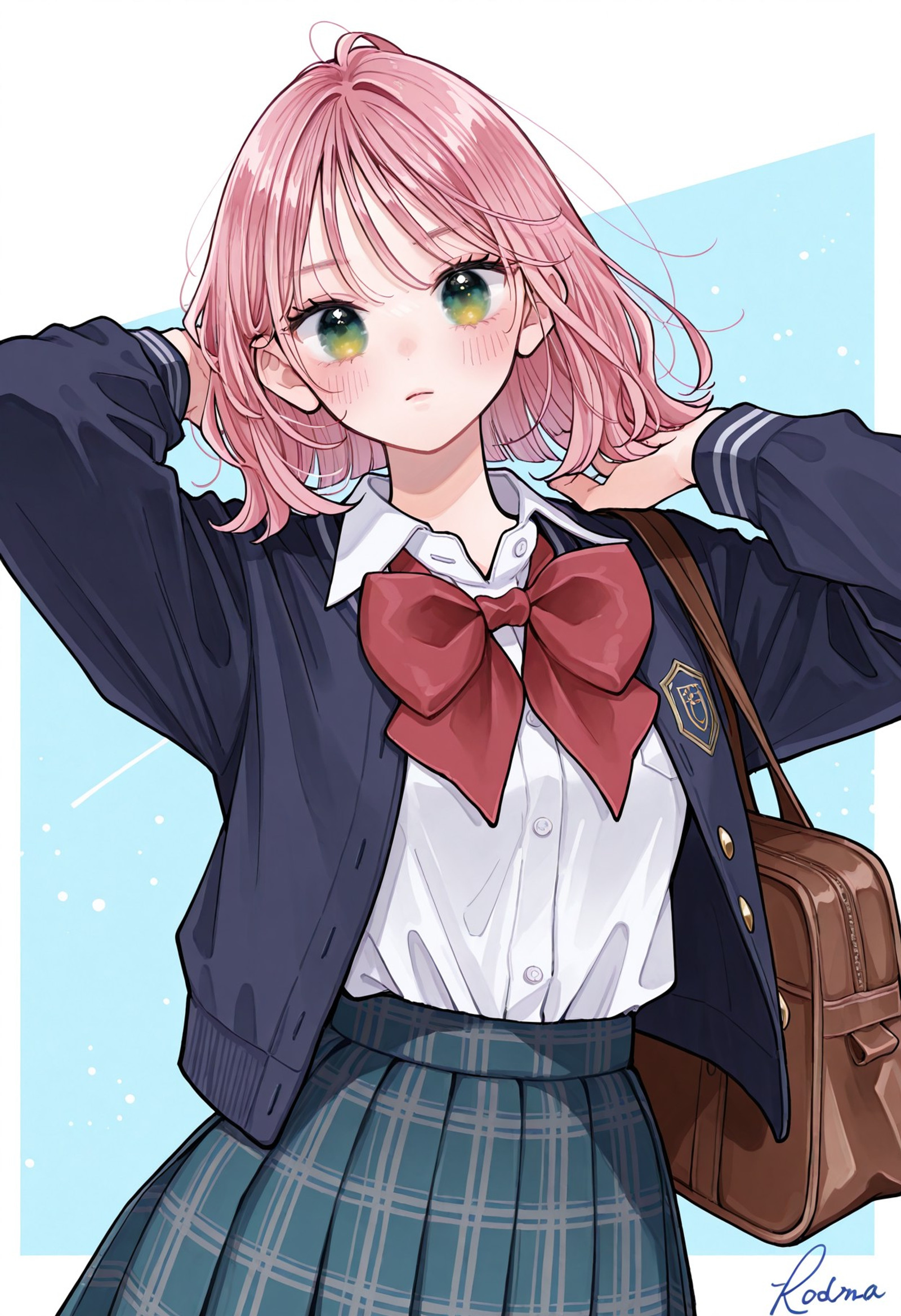 best quality, masterpiece, very aesthetic, highres, absurdres, kodama sena, 1girl, solo, bow, shirt, looking at viewer, blush, white shirt, signature, medium hair, red bow, collared shirt, yellow eyes, bowtie, pink hair, jacket, green eyes, red bowtie, bangs, bag, school uniform, standing, cowboy shot, skirt, (dynamic pose:1.8)